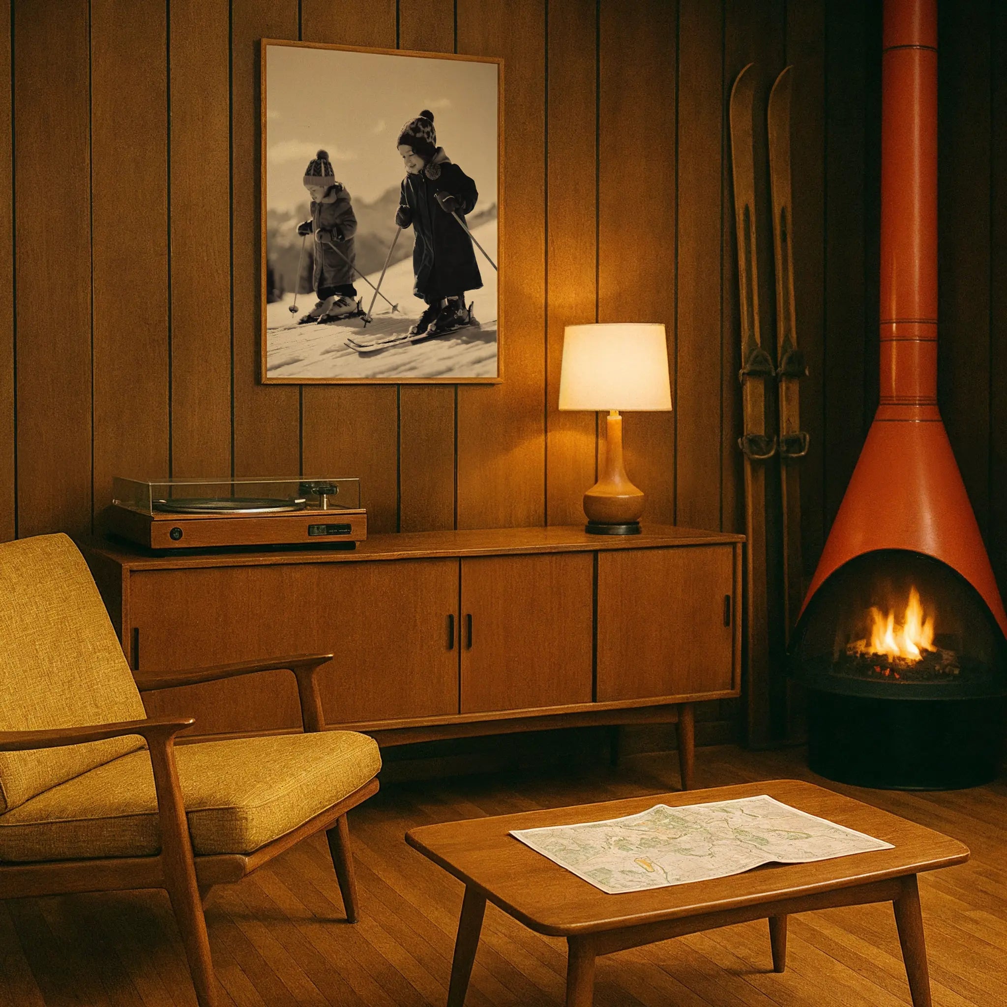 Vintage Children Skiing Photo in Retro Ski Den