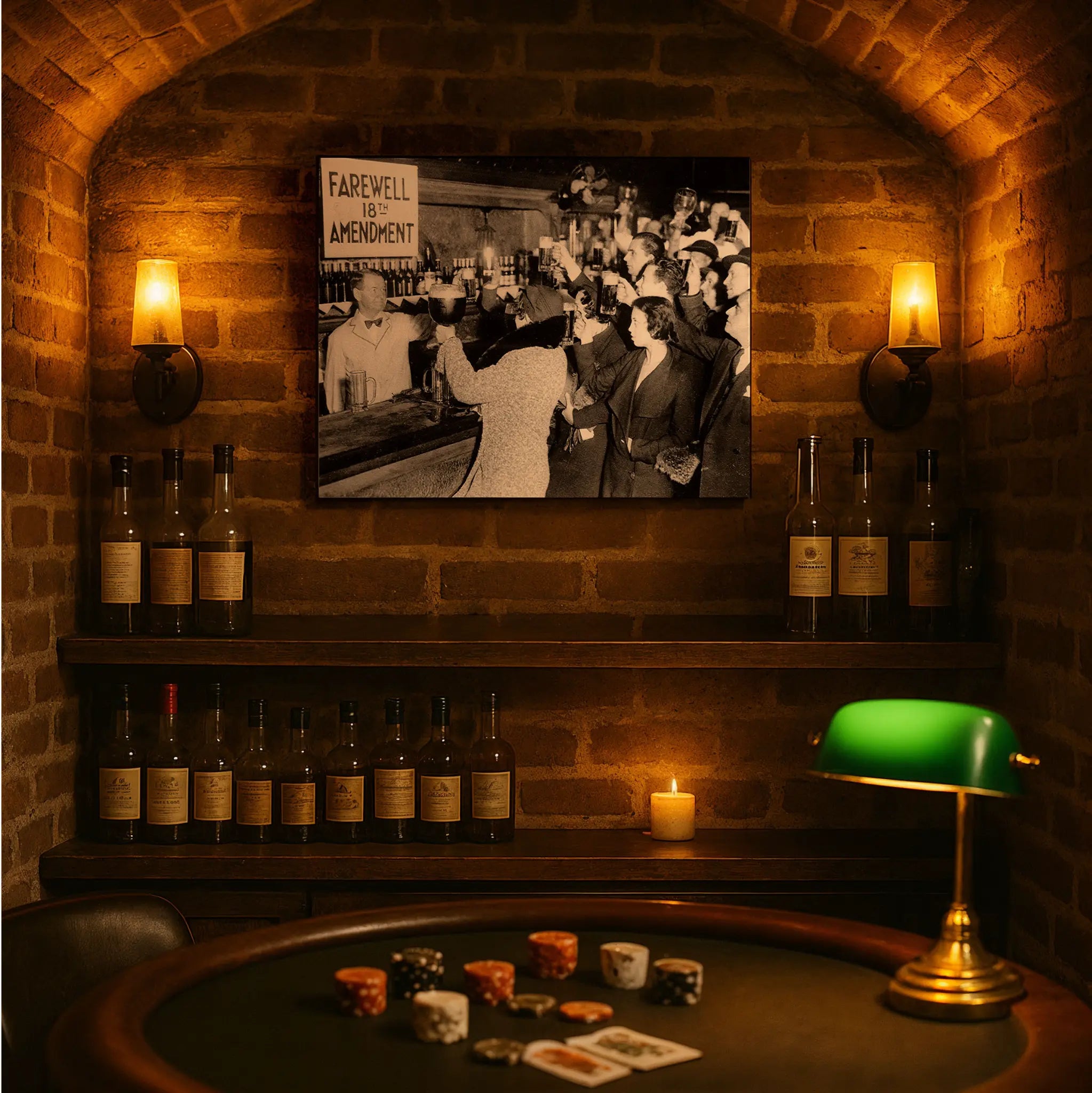 Historic prohibition repeal celebration print in underground casino setting with poker chips and vintage gambling atmosphere