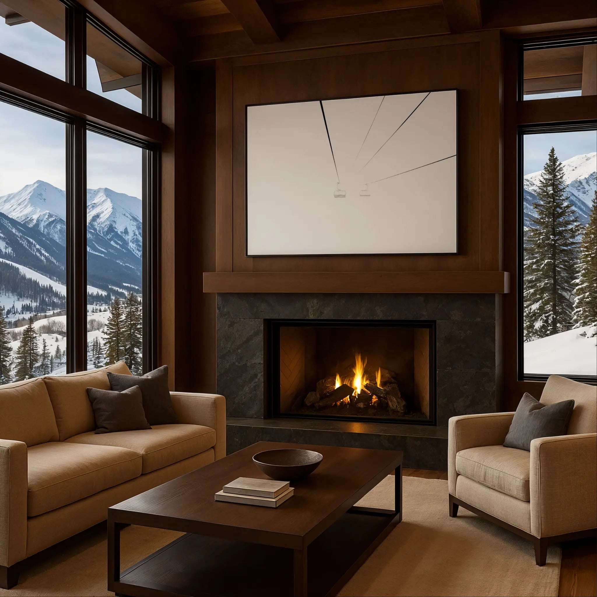 Minimalist Ski Lift Photo in Cozy Fireplace Setting