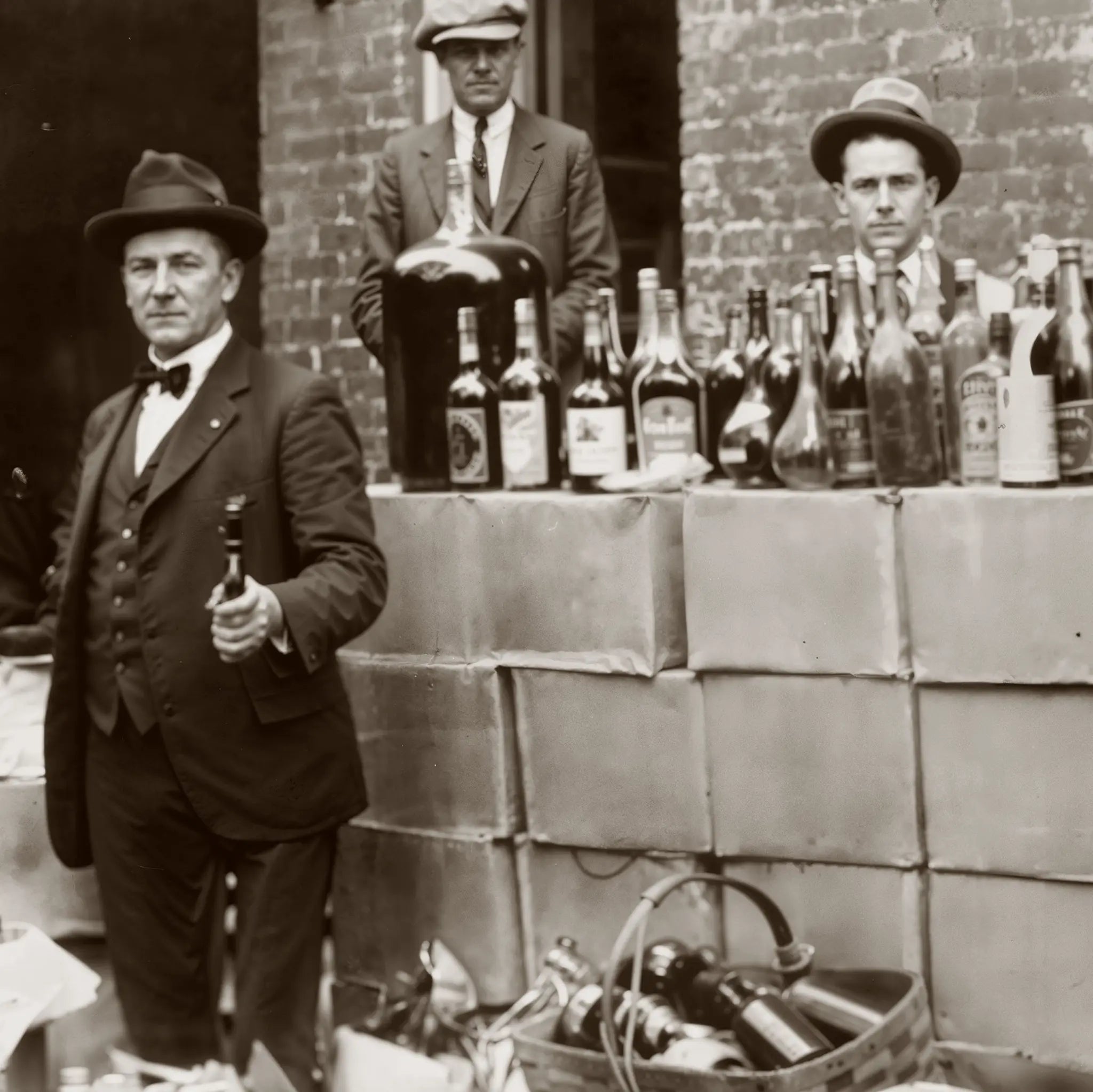 Close-up detail of federal agents with confiscated liquor bottles showing the massive scale of prohibition enforcement operations