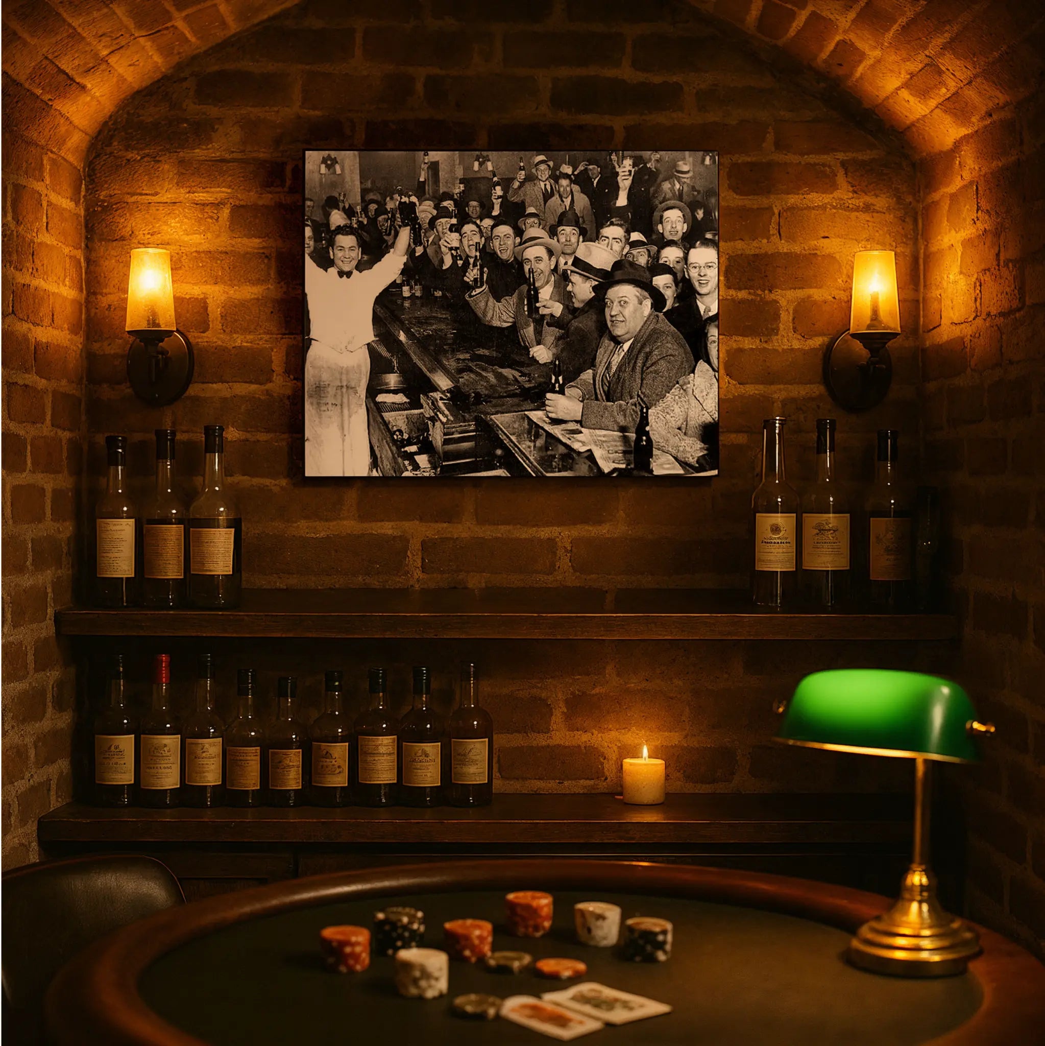 Historic repeal celebration print in underground casino setting with poker chips and vintage gambling atmosphere
