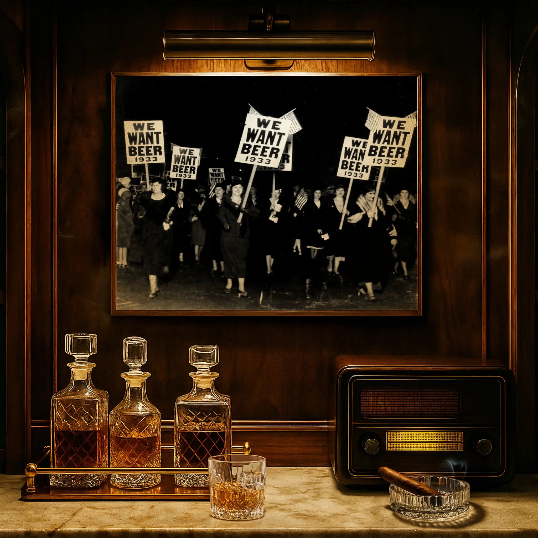 Women's beer protest photograph displayed in luxury study with crystal decanters and vintage radio atmosphere