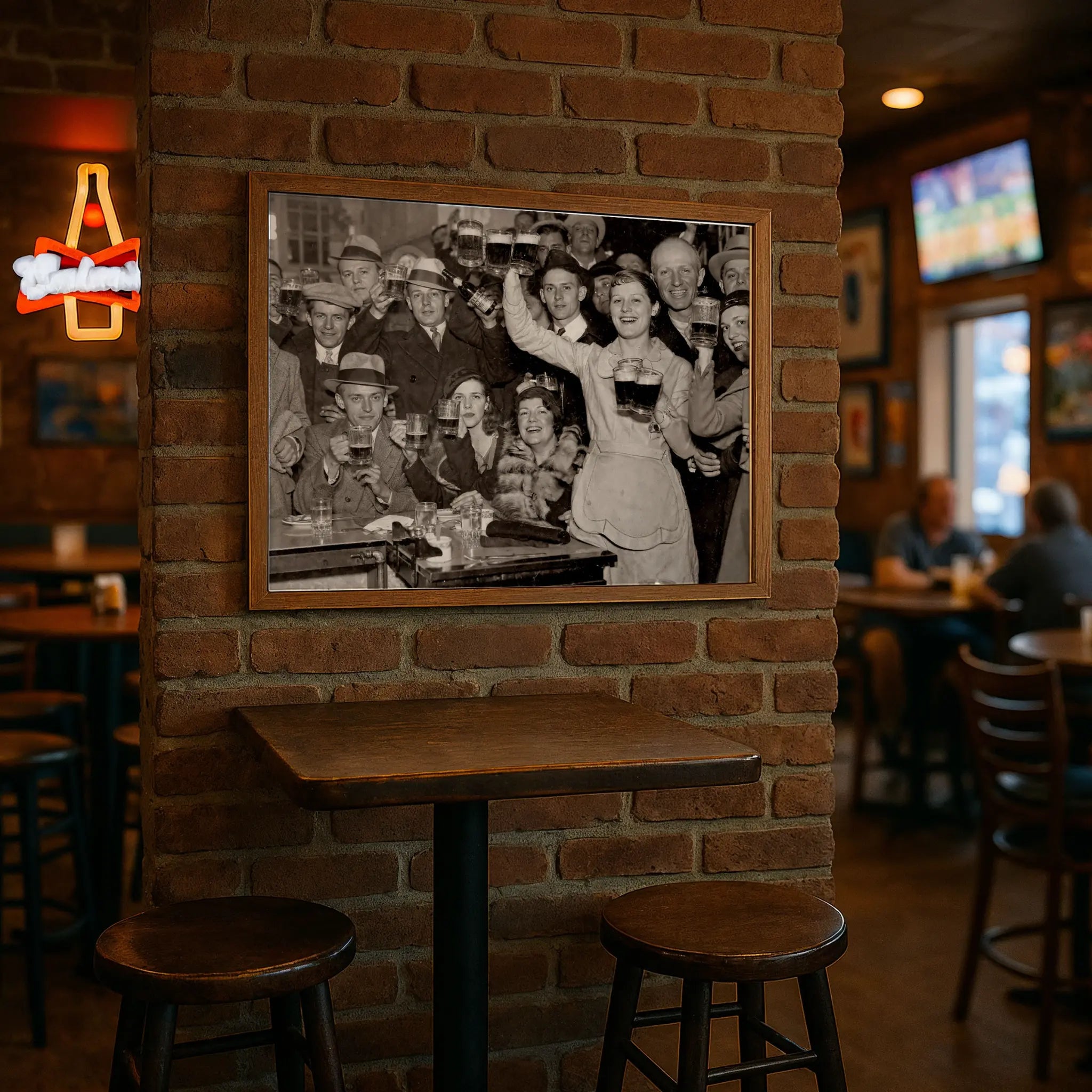Prohibition beer celebration print in modern pub with high-top tables and brick wall atmosphere
