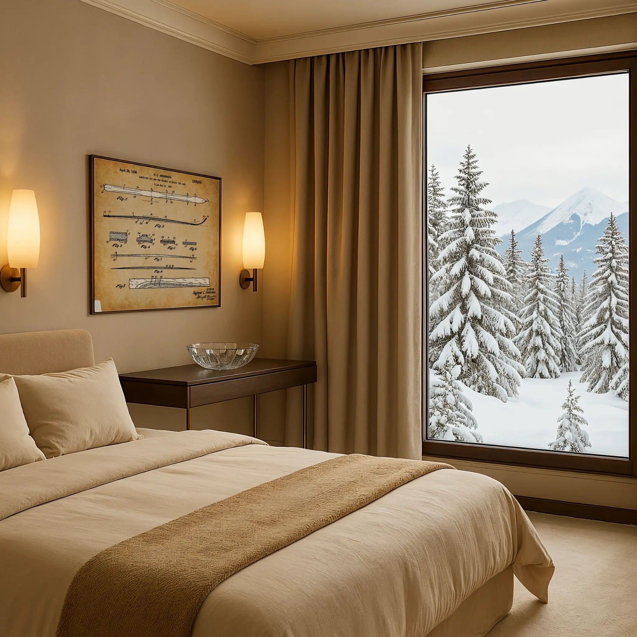 Vintage Ski Patent in Mountain Resort Bedroom