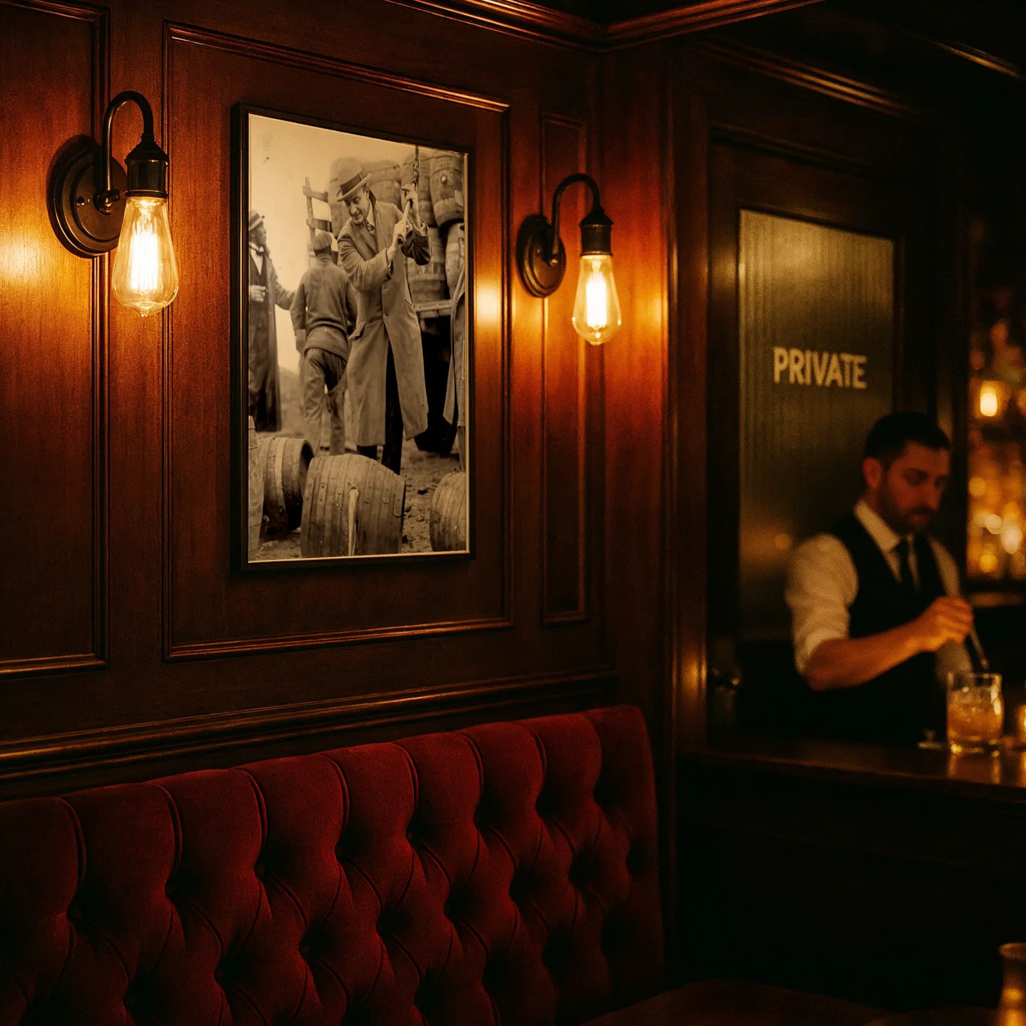 Federal agents photograph in upscale speakeasy with red velvet seating and private atmosphere