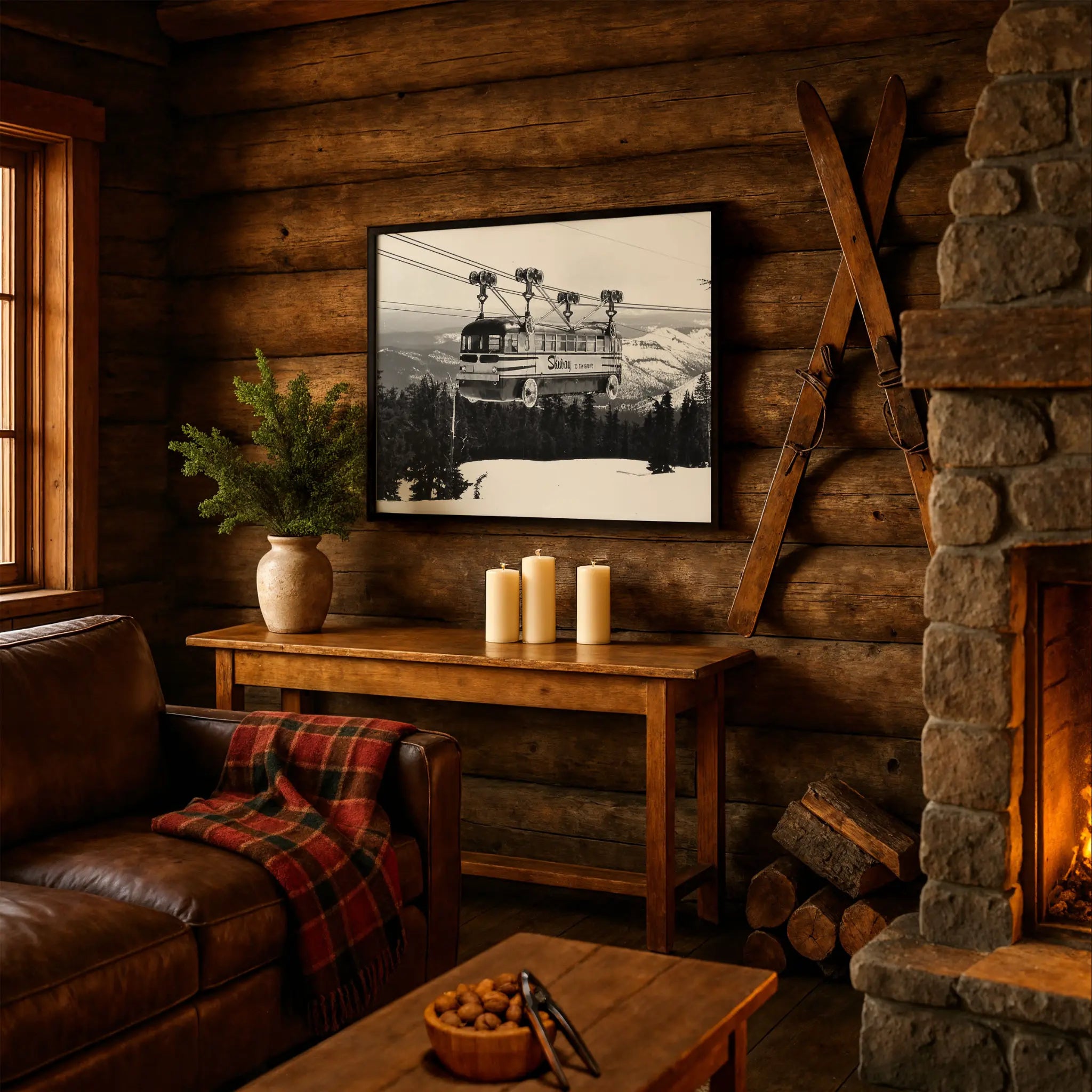 Vintage Ski Tramway Photo in Cabin Couch Setting