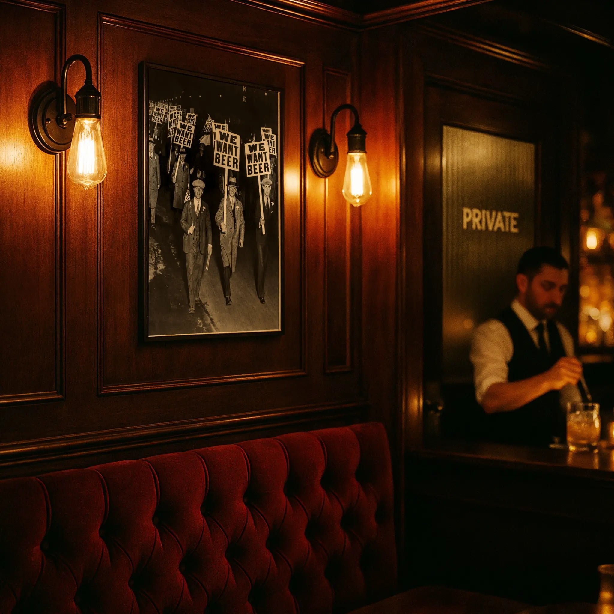 Historic protest print in private club setting with red velvet seating and intimate lighting