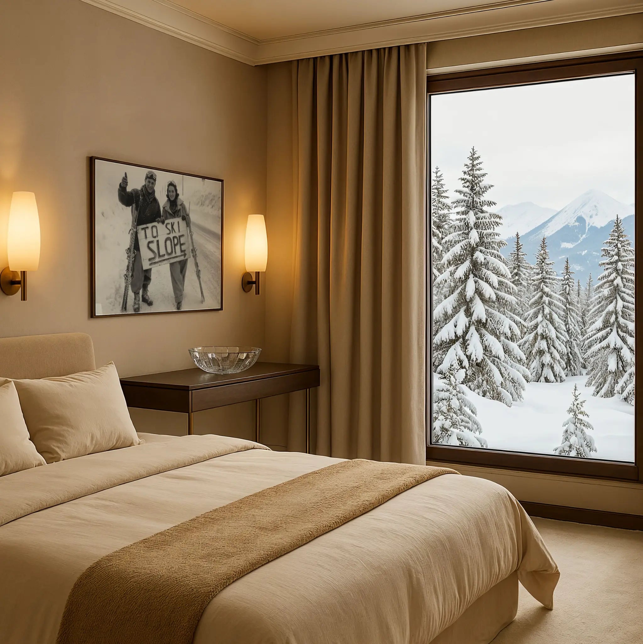 Ski Photo in Winter Lodge Bedroom