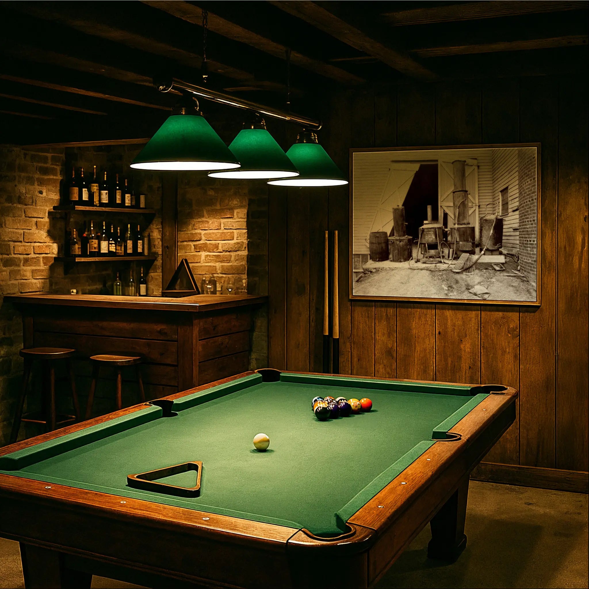 Moonshine still document in vintage billiards room with green felt table and period lighting