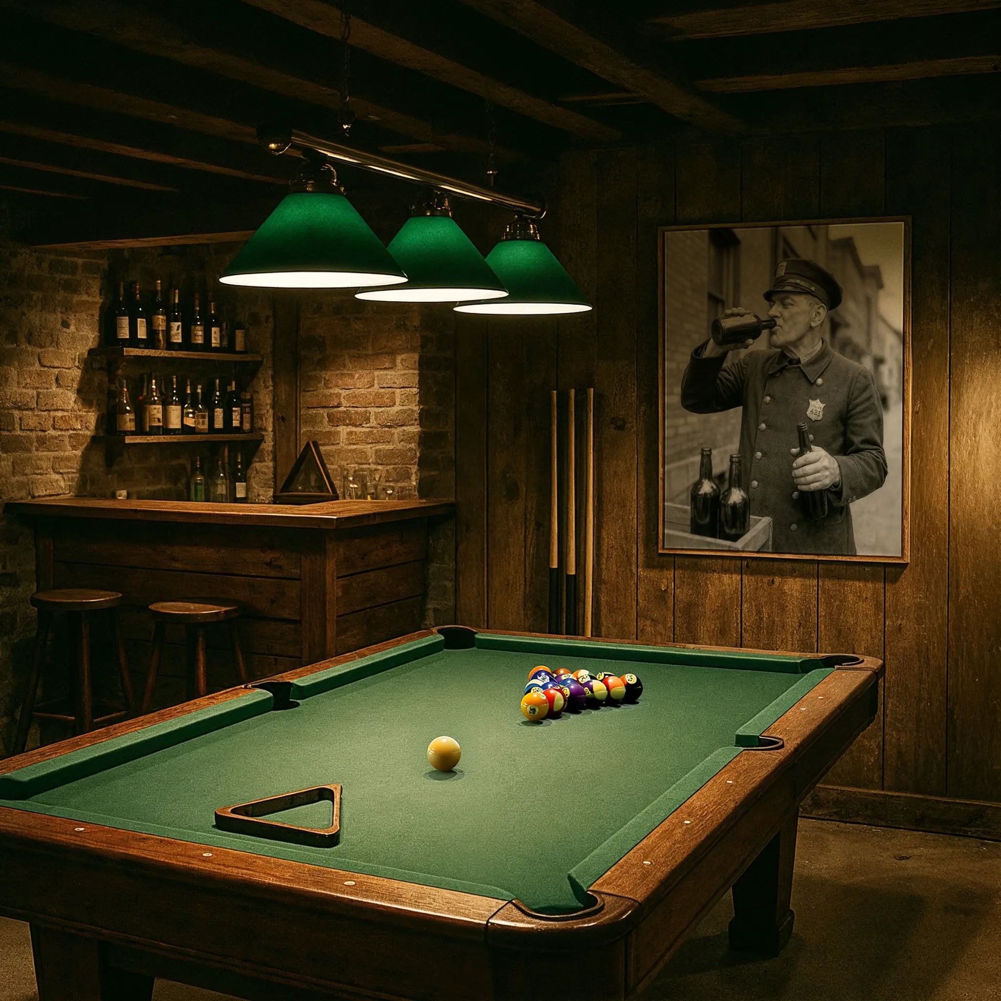 Police officer photograph in vintage billiards room with green felt table and period lighting