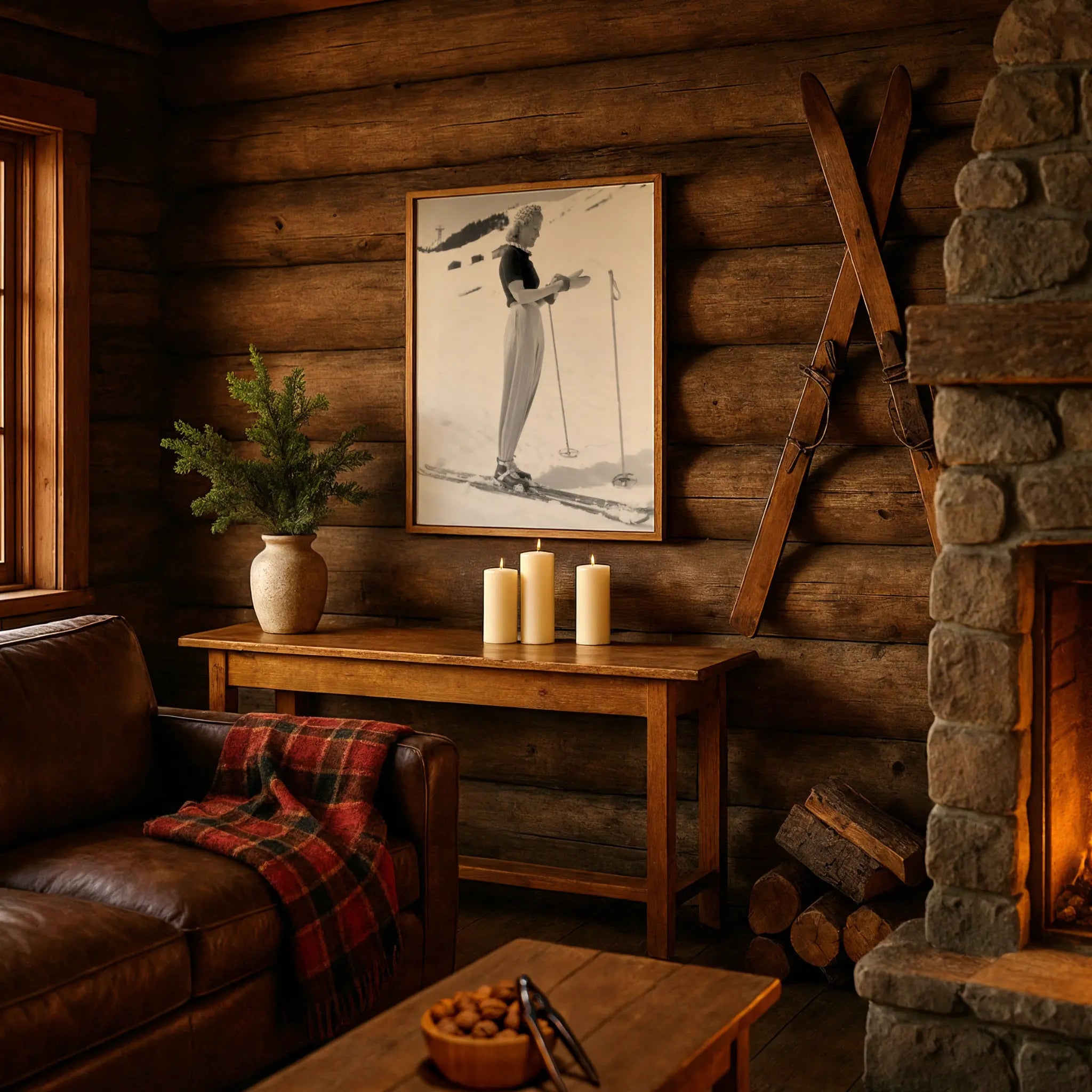 Vintage Elegant Woman Skier Photo in Cozy Alpine Retreat