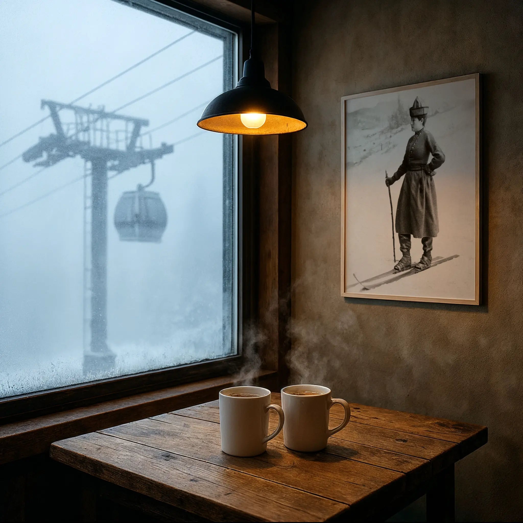 Vintage Military Skier Photo in Foggy Mountain Cafe