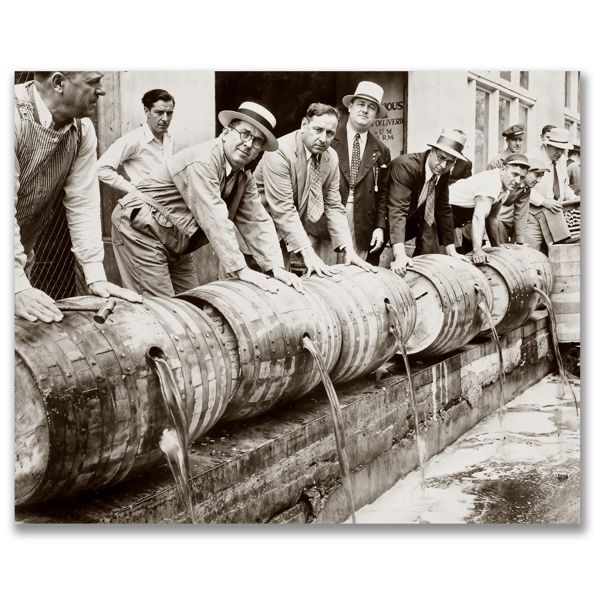 Historic prohibition barrel destruction photograph showing federal agents and officials systematically destroying massive alcohol barrels in coordinated operation