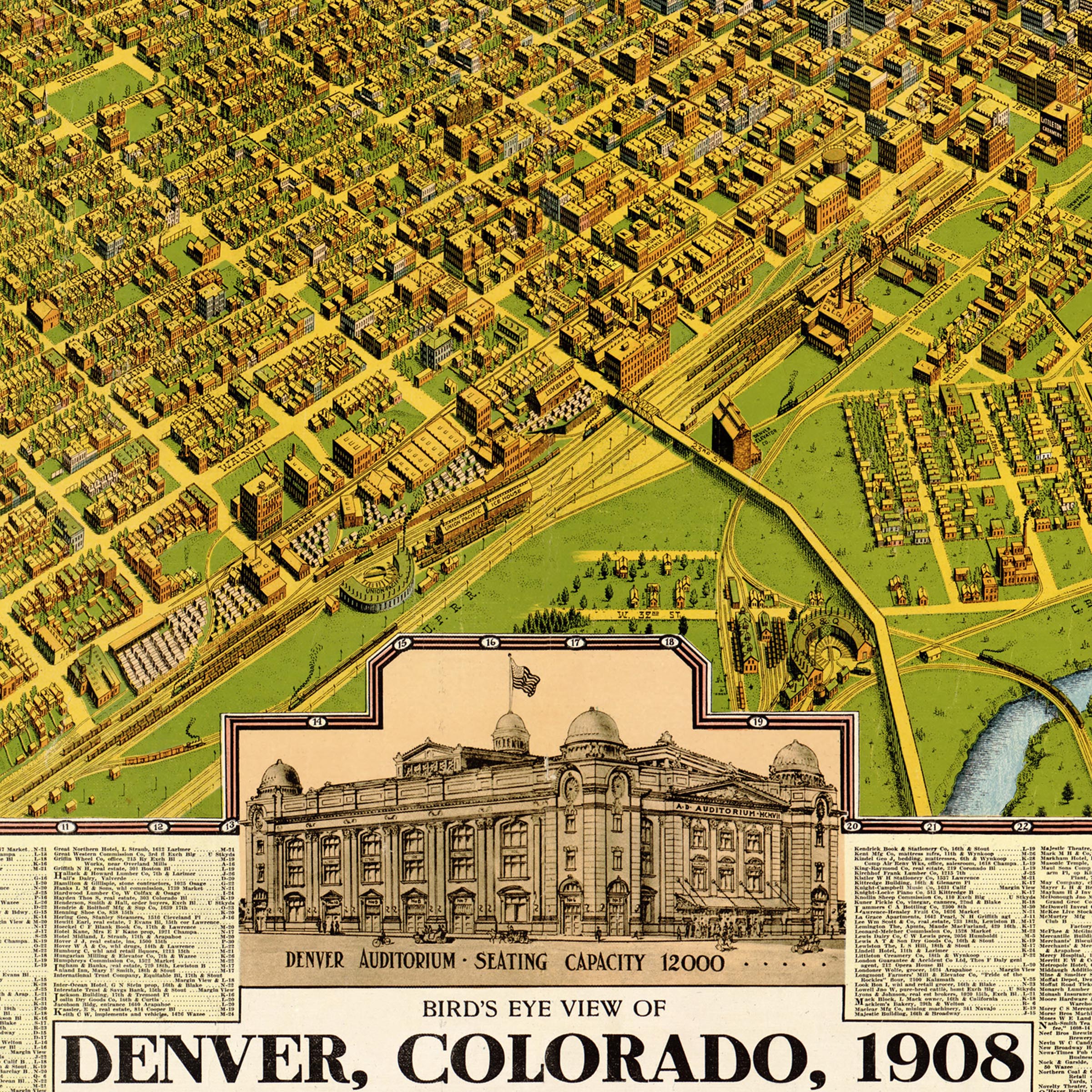 Denver Bird's-Eye Map - Vintage 1908 Colorado Historical City Map