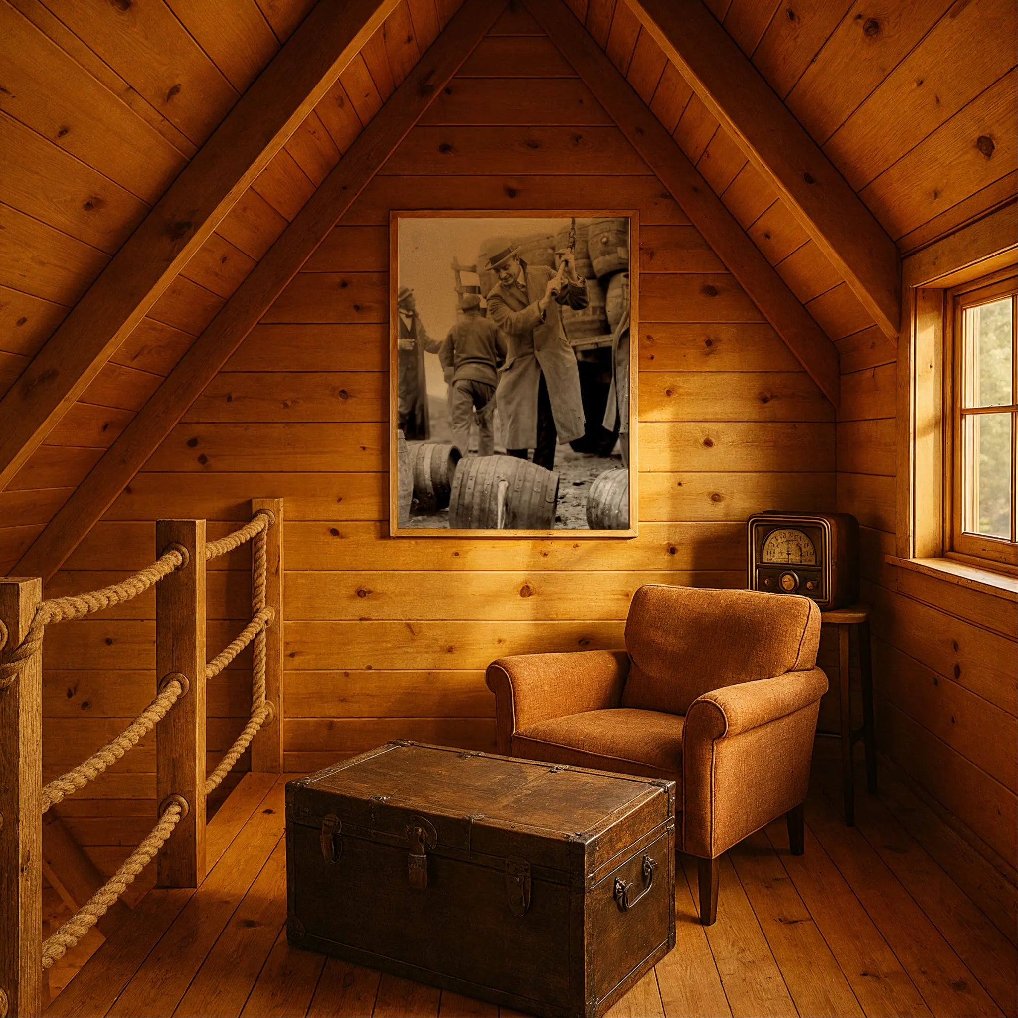 Federal agents photograph in rustic cabin with vintage trunk and rope details
