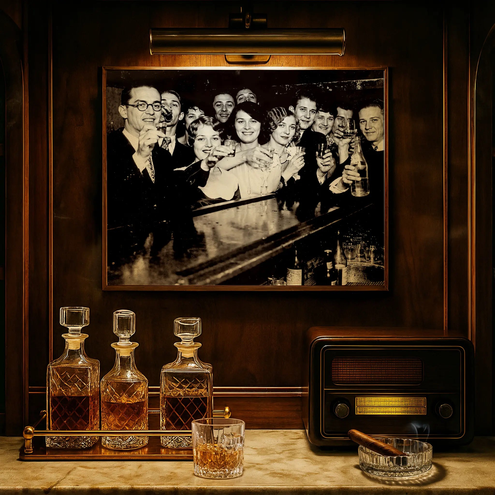 Prohibition end celebration photograph displayed in elegant whiskey bar with crystal decanters and vintage radio