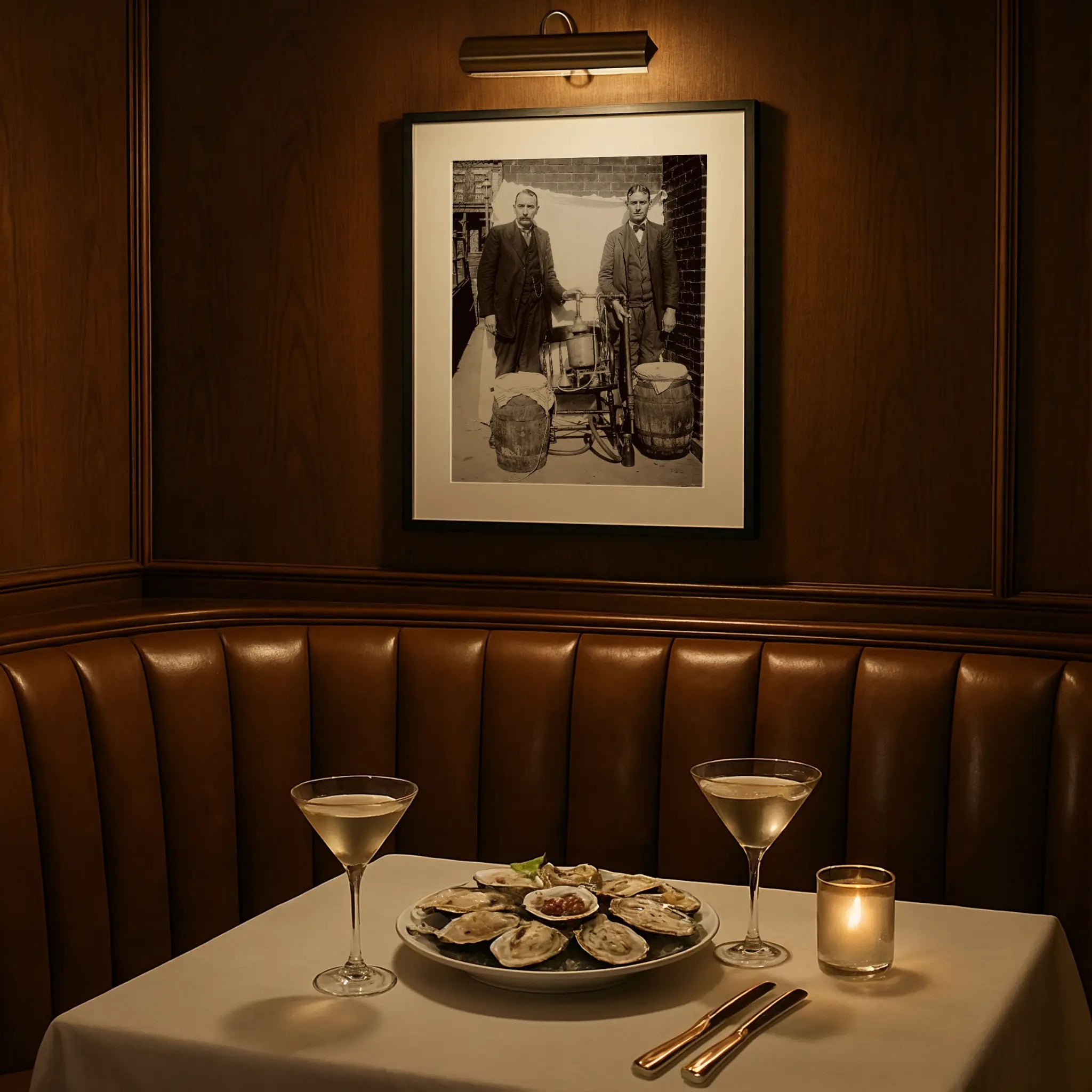 Federal enforcement evidence print in elegant dining setting with martini glasses and oysters