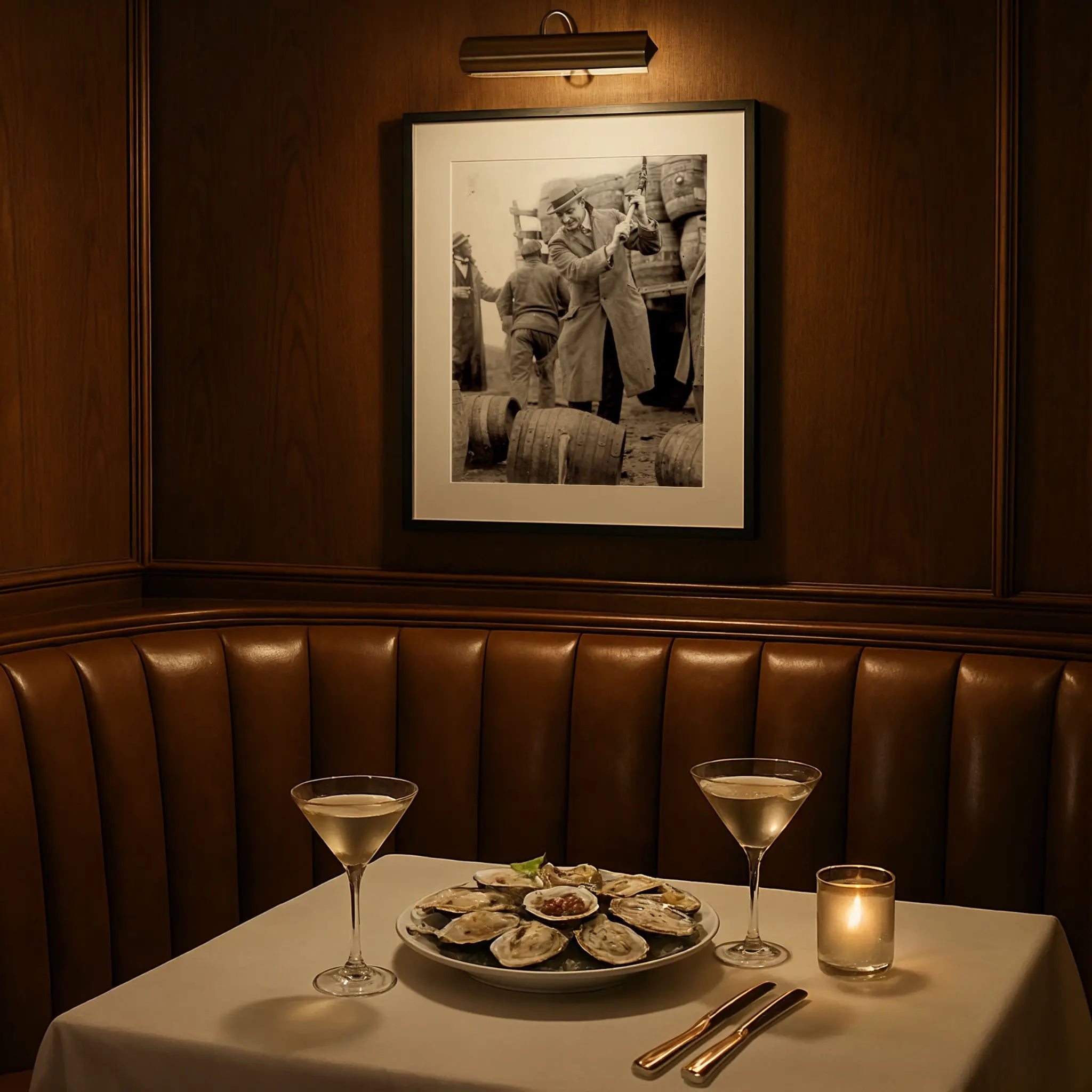 Historical enforcement photograph in elegant restaurant booth setting with cocktails and sophisticated ambiance