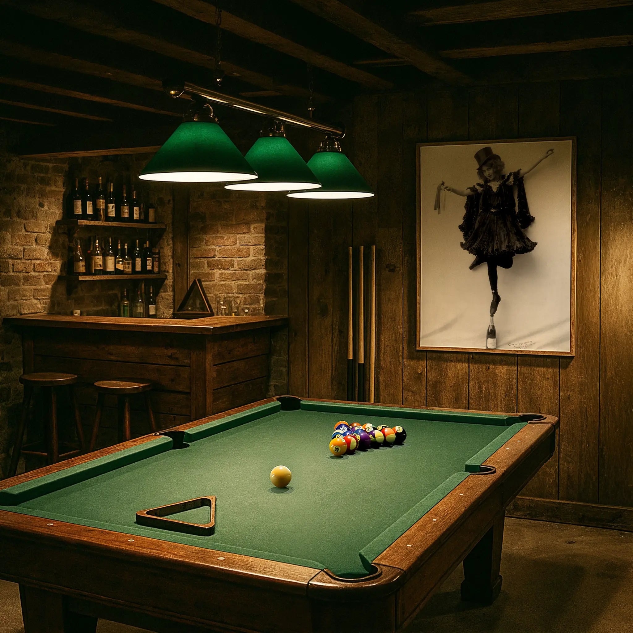 Prohibition performer print in vintage billiards room with green felt table and period lighting