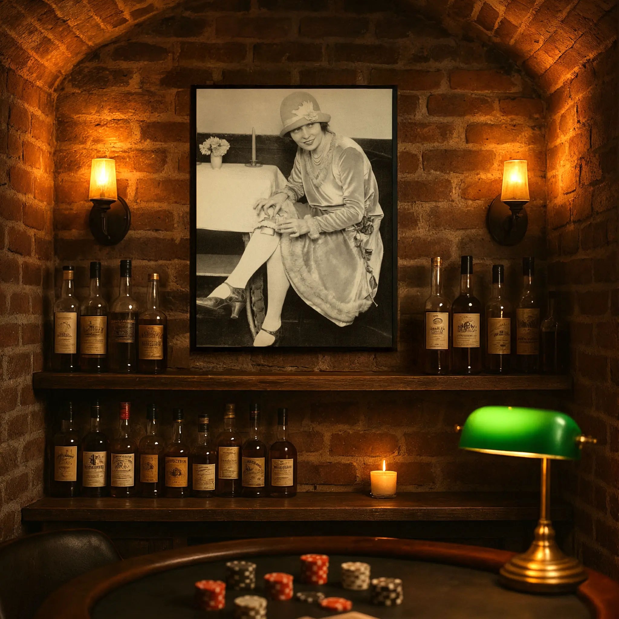 Jazz Age yacht elegance photograph displayed in underground speakeasy setting with vintage bottles and atmospheric lighting