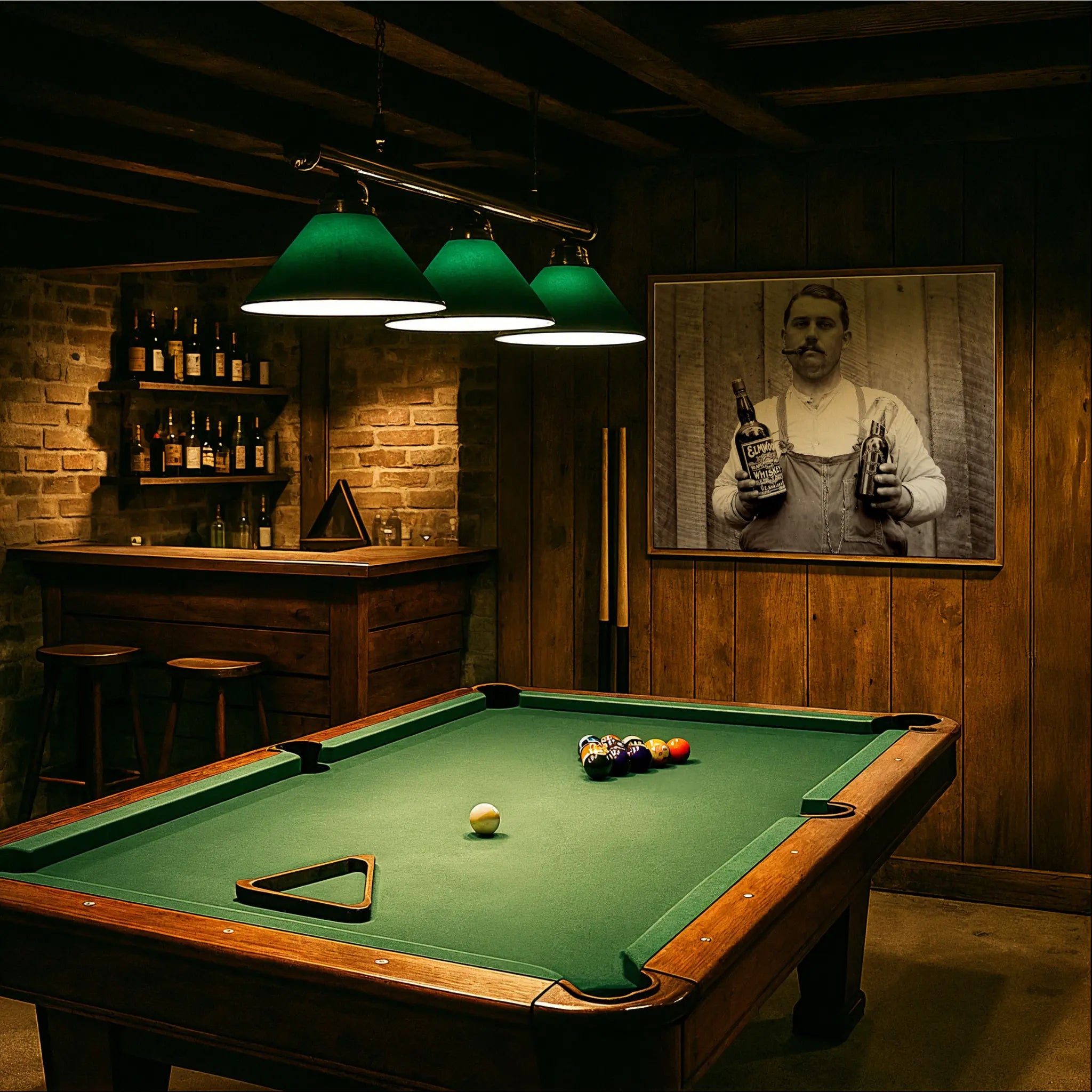 Prohibition whiskey print in vintage pool hall with green felt table and period lighting