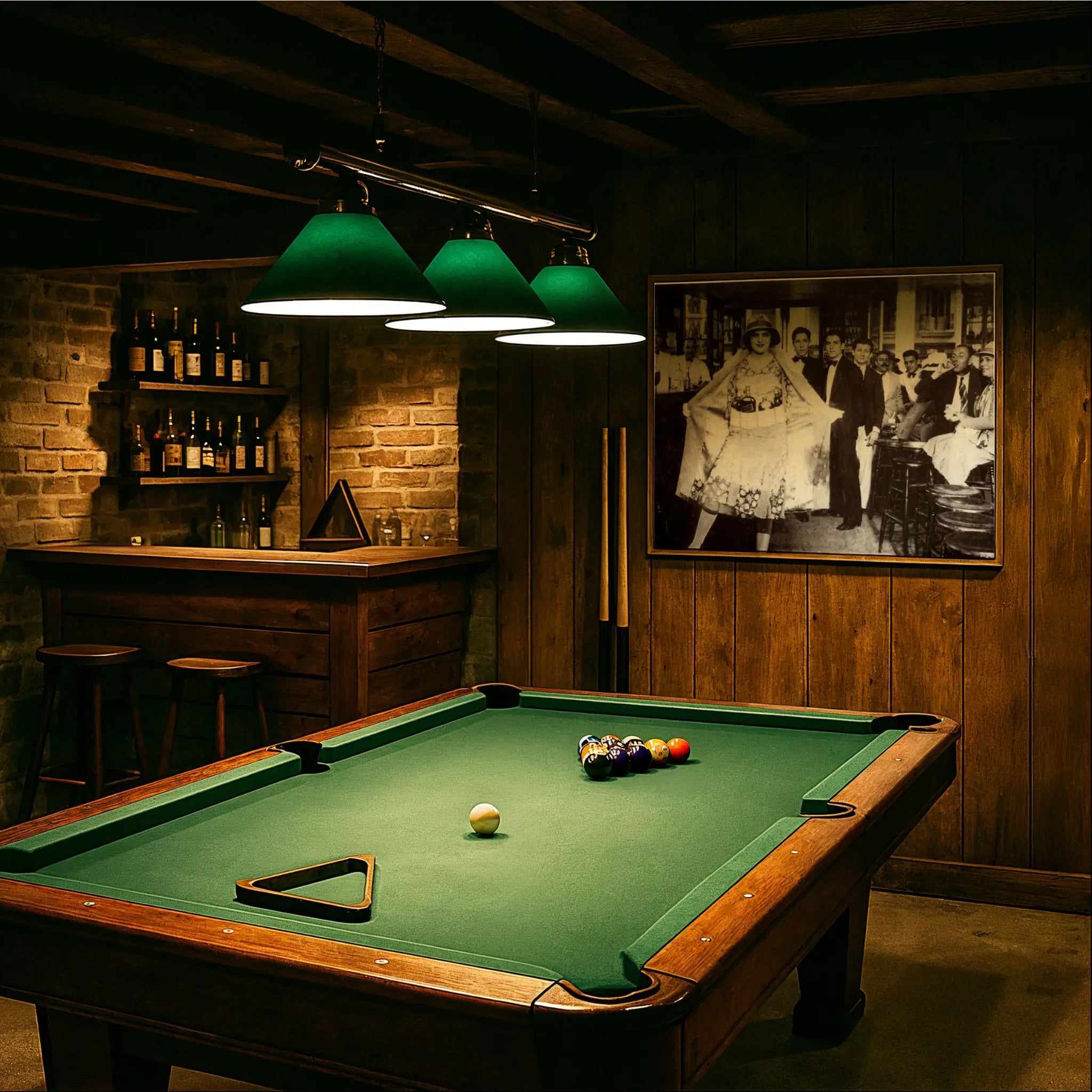 Bottle dress celebration photograph in vintage billiards room with green felt table and period lighting