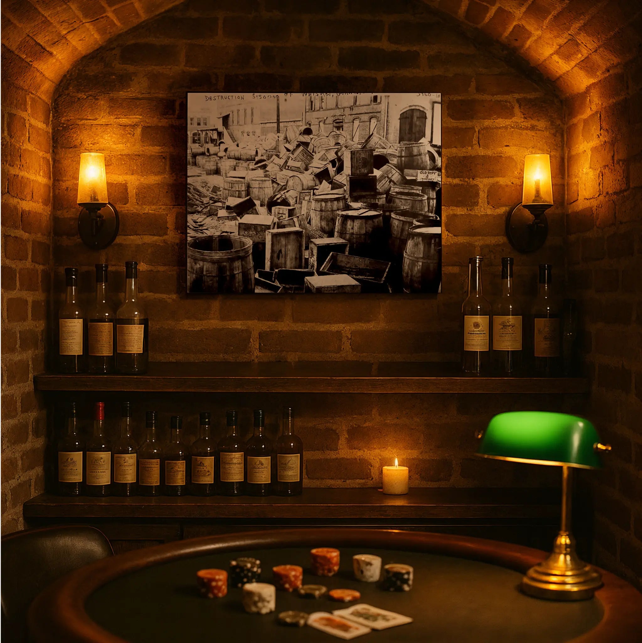 $150000 destruction photograph in underground casino setting with poker chips and vintage atmosphere