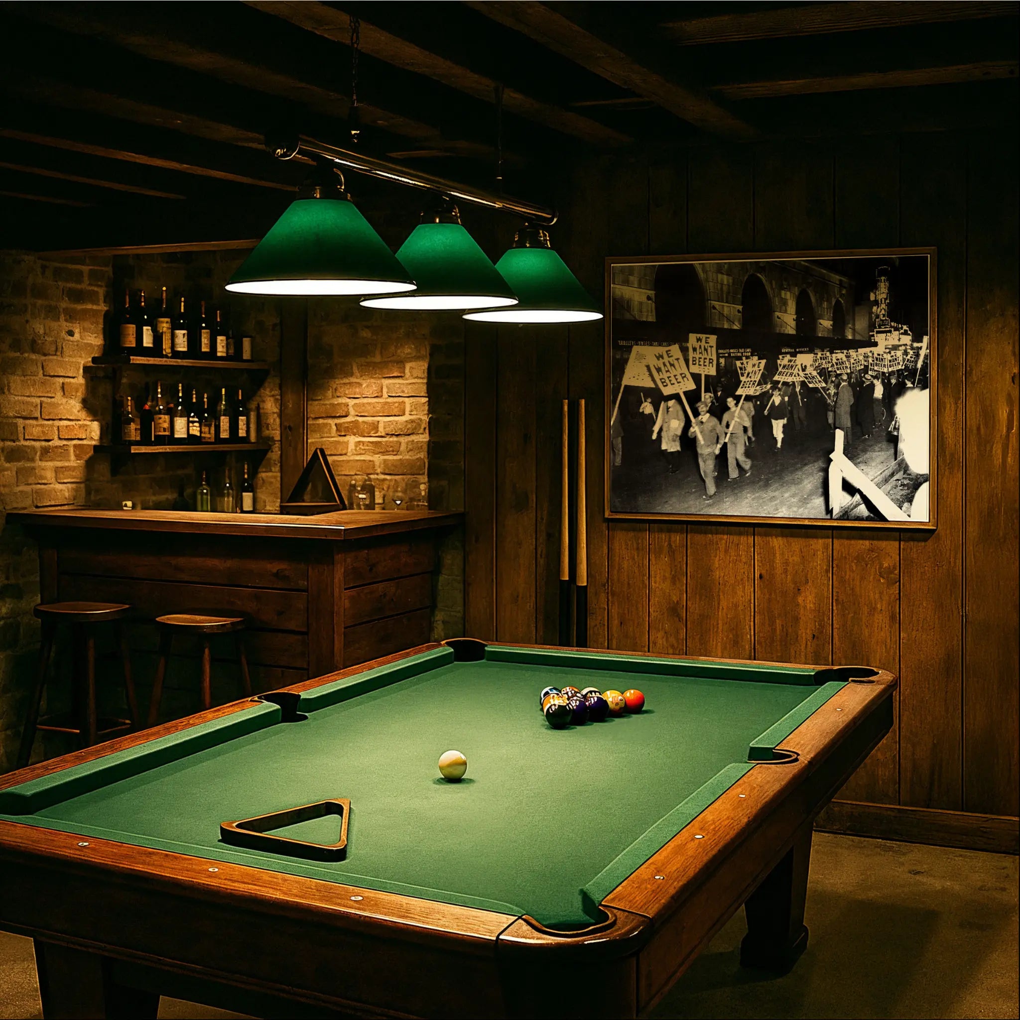 WE WANT BEER photograph in vintage billiards room with green felt table and period lighting