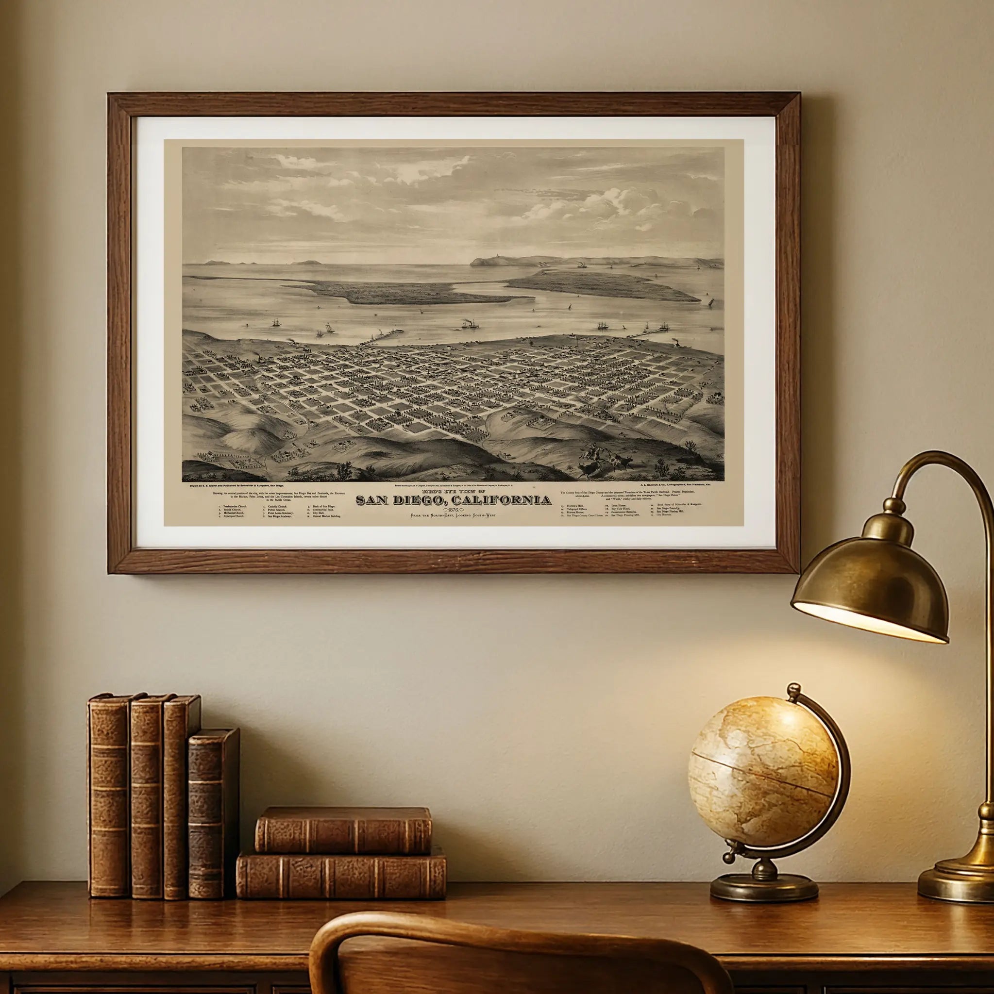 San Diego Bird's-Eye Map - Vintage 1876 California Historical City Map