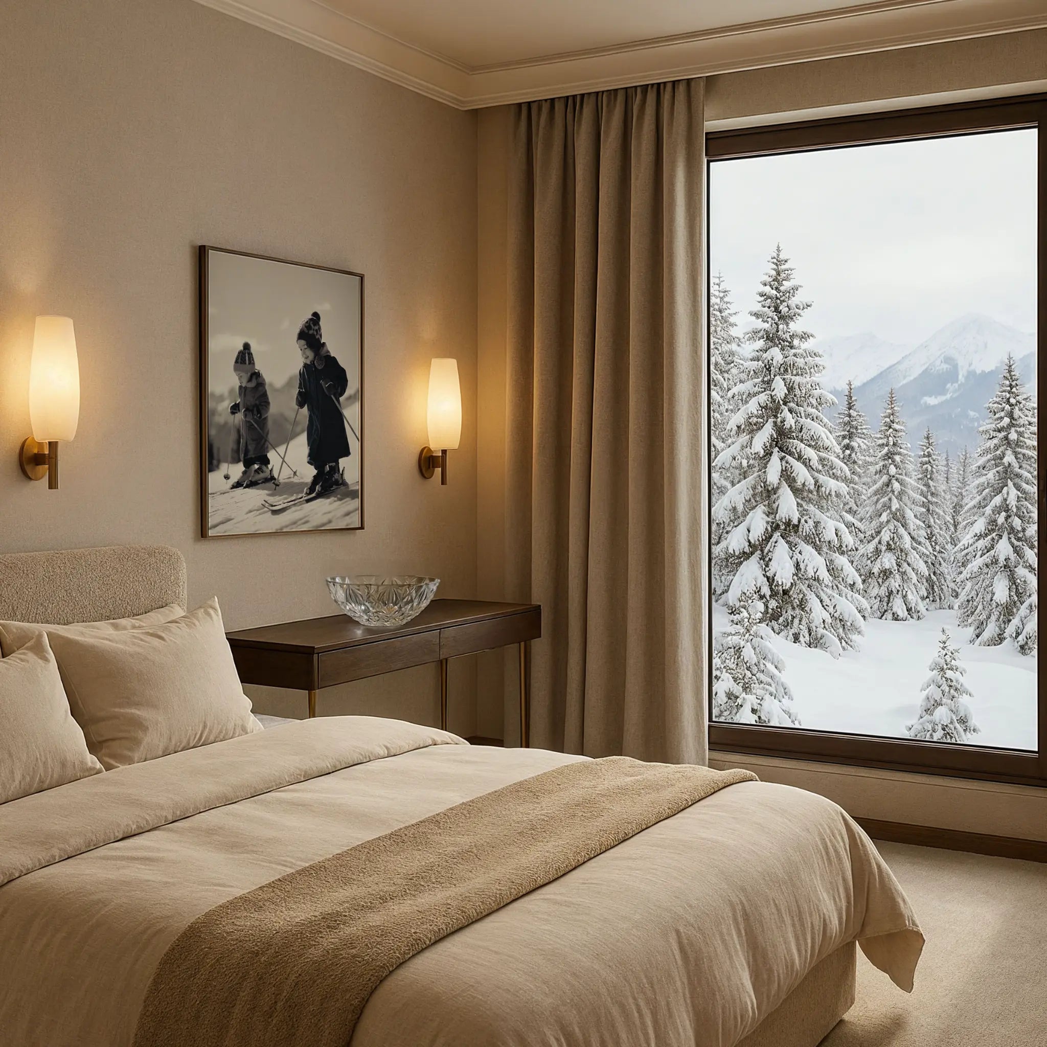 Vintage Children Skiing Photo in Luxury Suite Bedroom