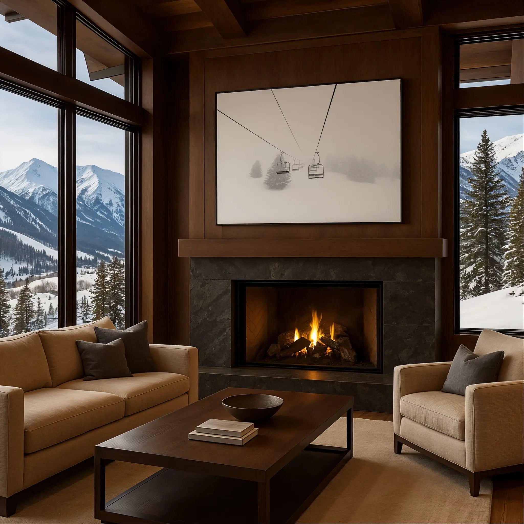 Vintage Ski Lift Chairs Photo in Cozy Fireplace Setting