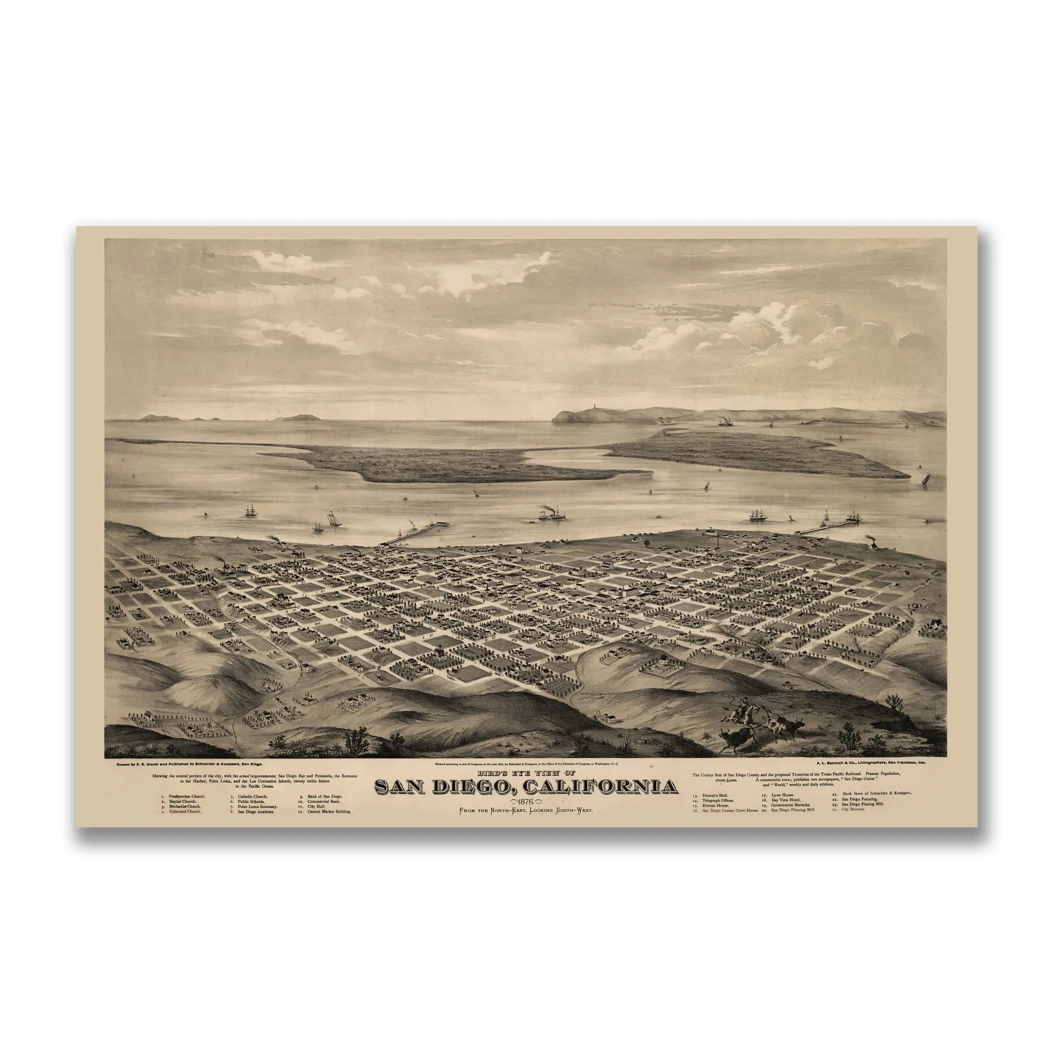 San Diego Bird's-Eye Map - Vintage 1876 California Historical City Map