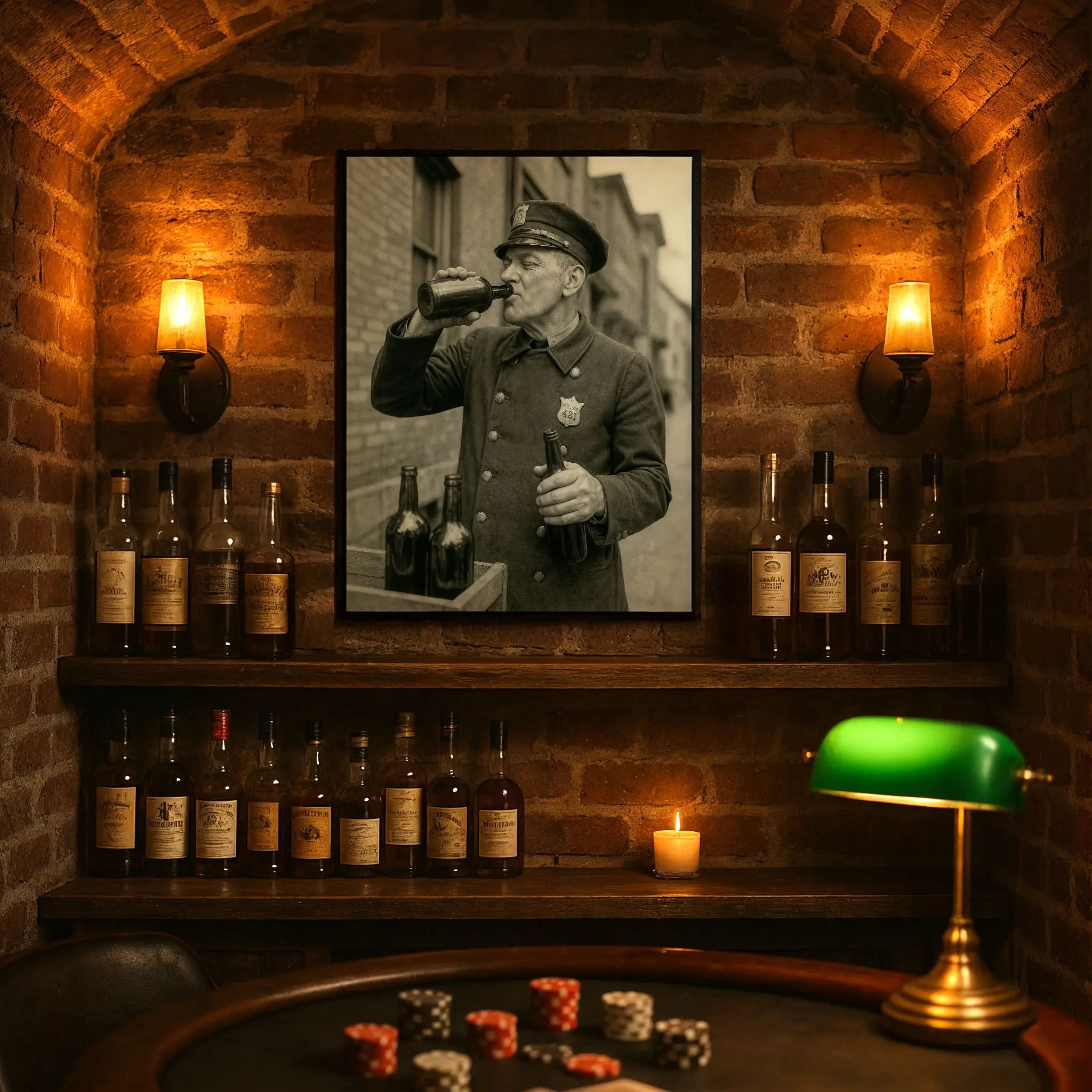Police officer drinking photograph displayed in luxury study with whiskey bottles and vintage atmosphere