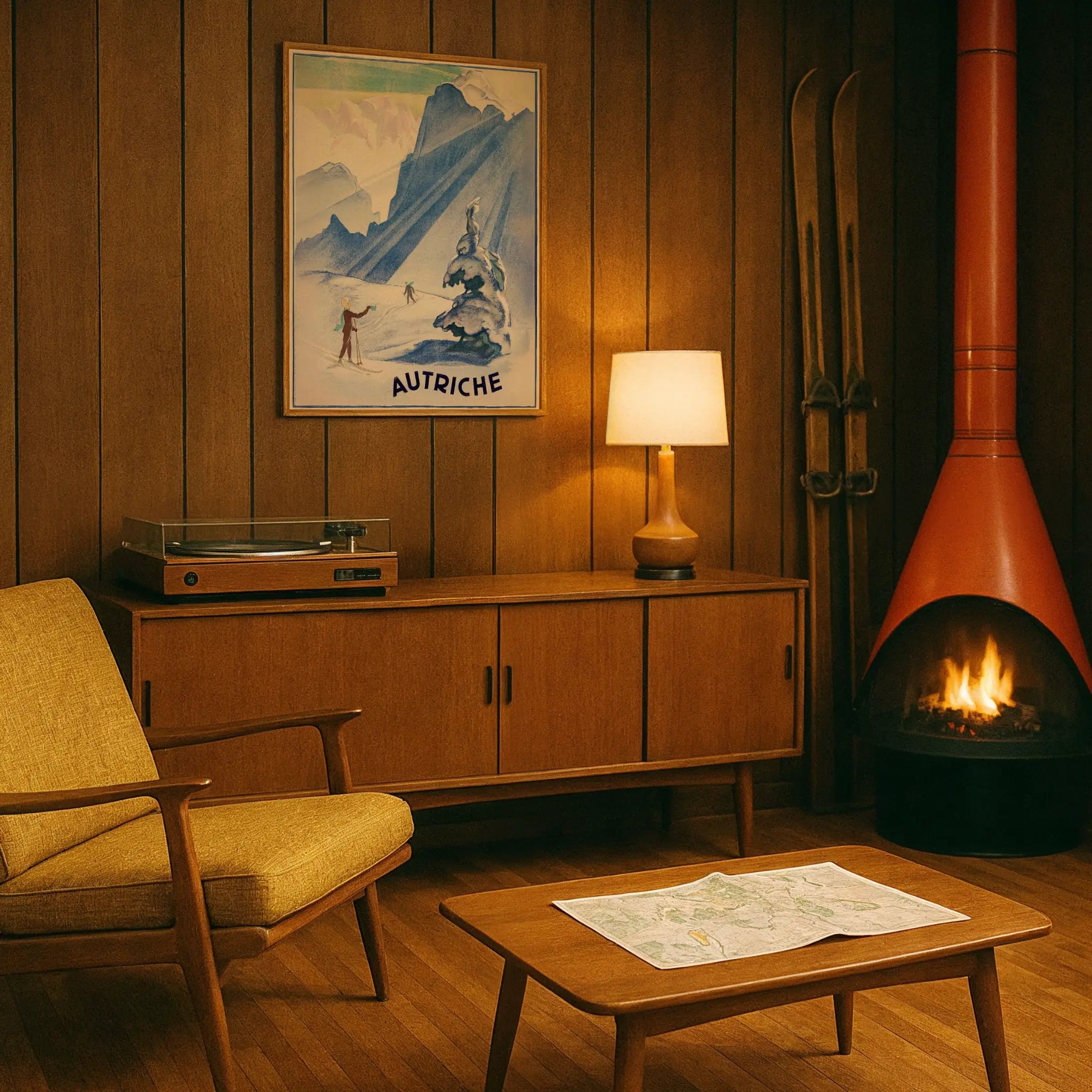 Vintage Austrian Ski Poster in Retro Mid-Century Den