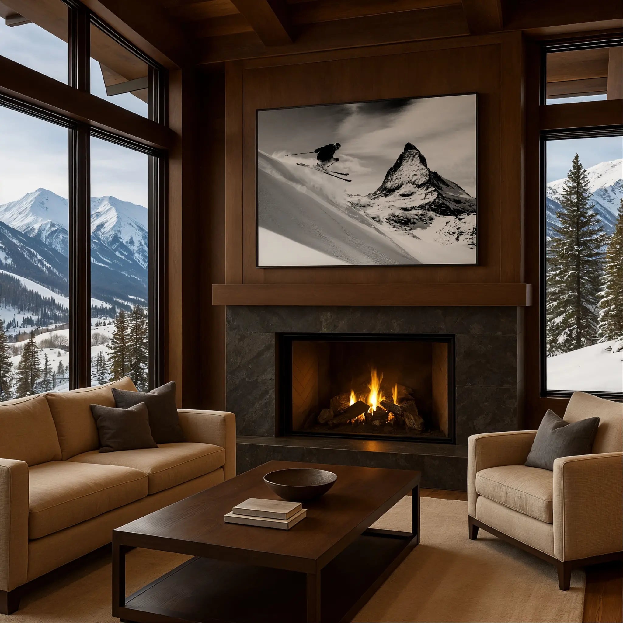 Vintage Skier Matterhorn Photo in Luxury Mountain Fireplace Setting