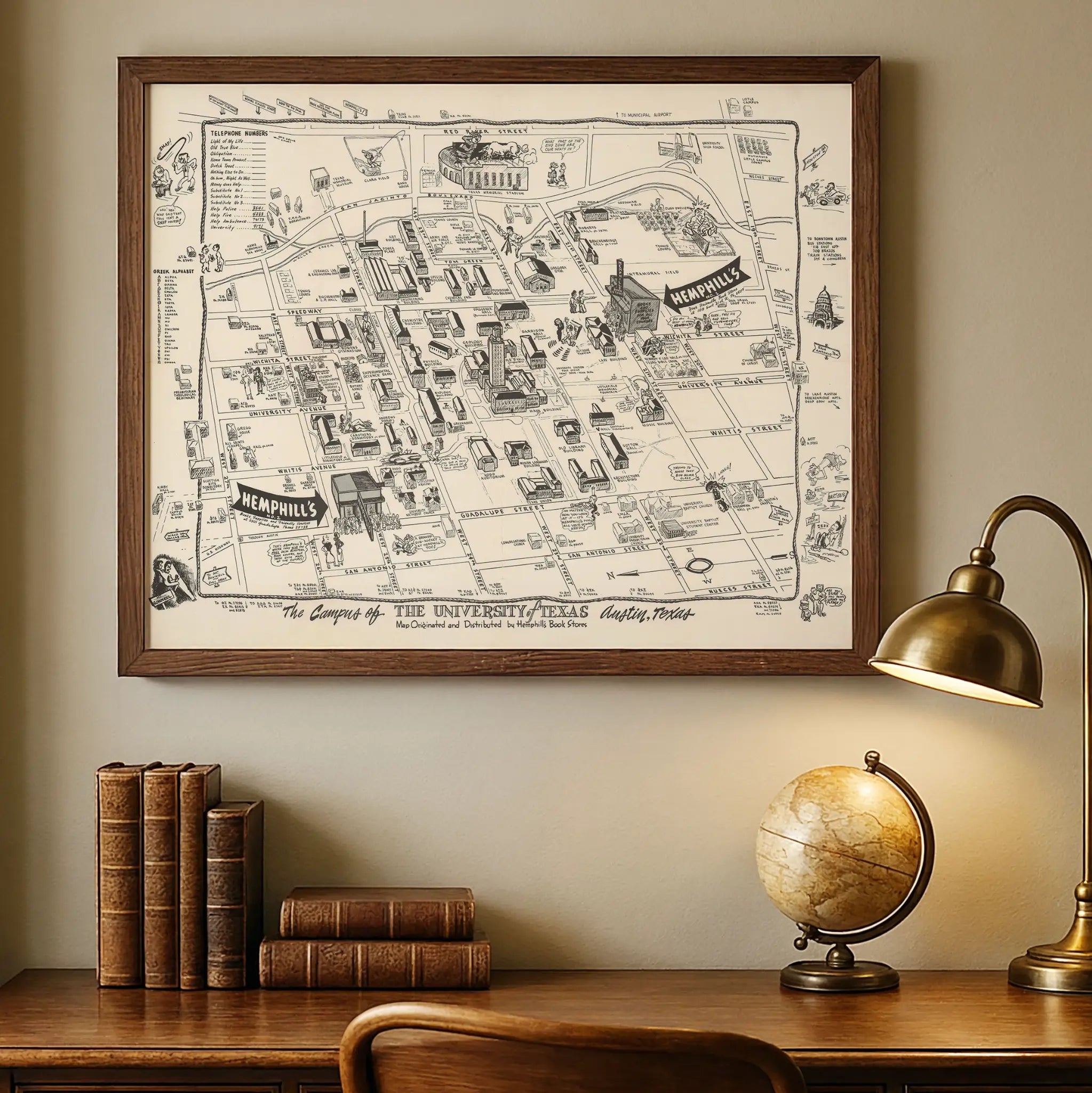 University of Texas Campus Map - Vintage 1945 Austin Student Life Illustrated Map