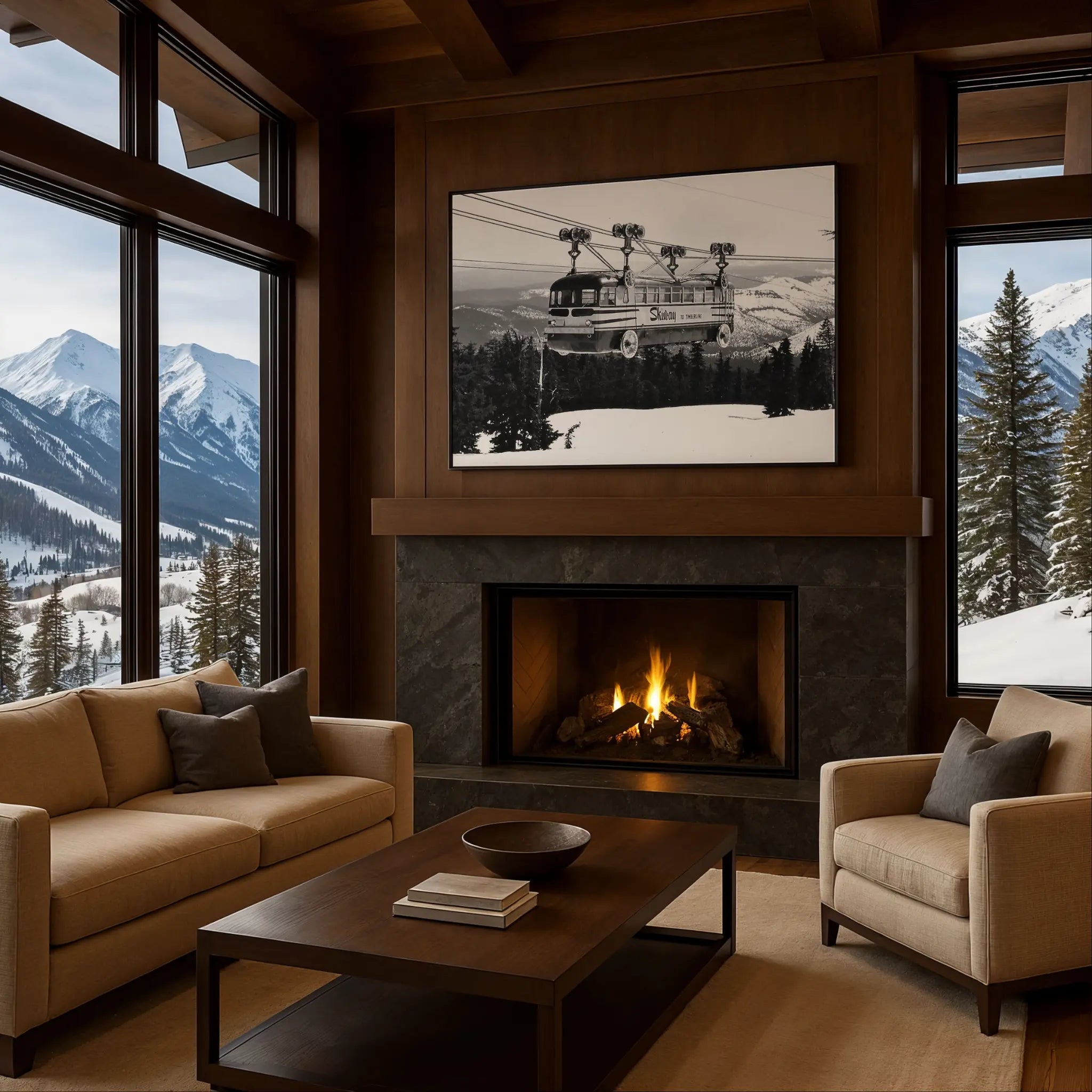 Vintage Ski Tramway Photo in Cozy Fireplace Setting