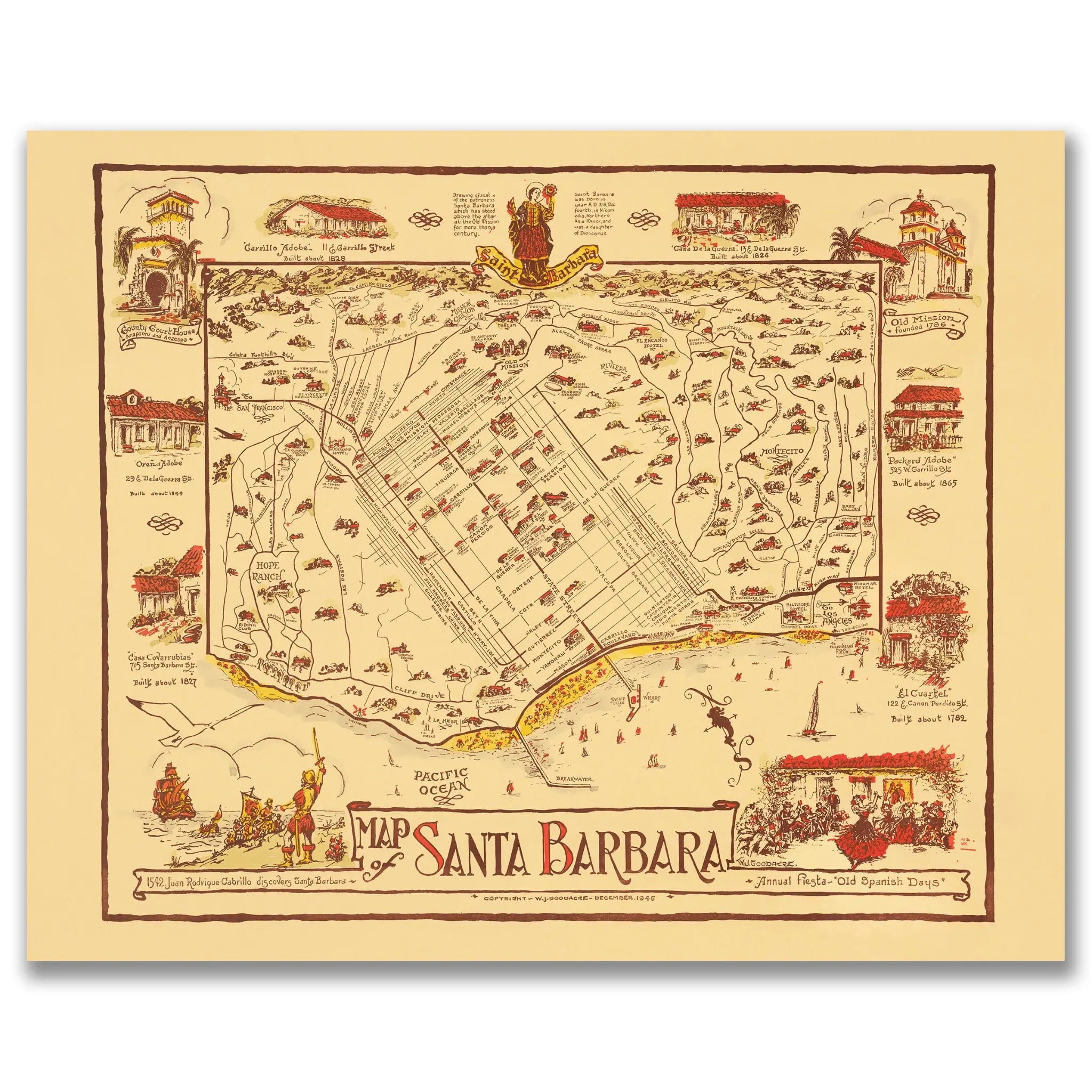 Santa Barbara Map - Vintage 1945 Fiesta & Old Spanish Days Pictorial Map