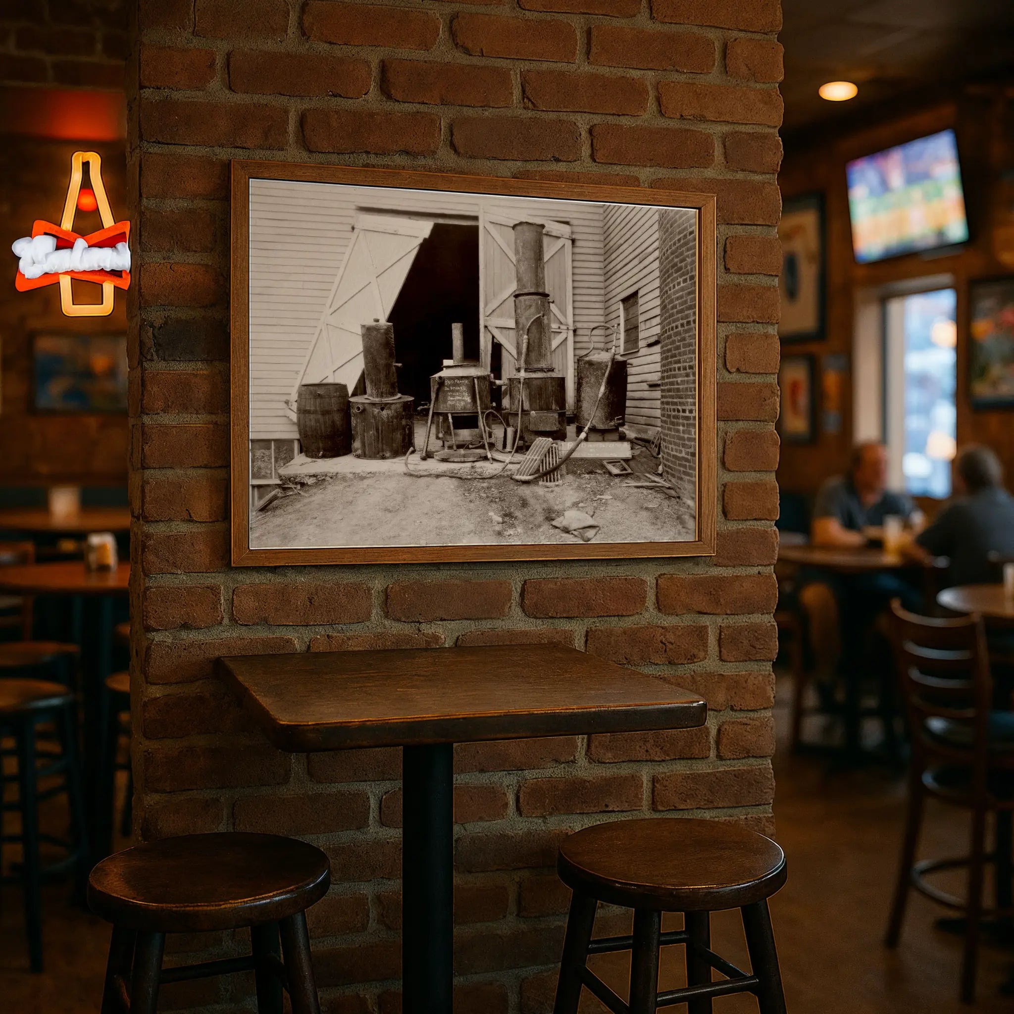 Prohibition distillery print in modern pub with high-top tables and brick wall atmosphere