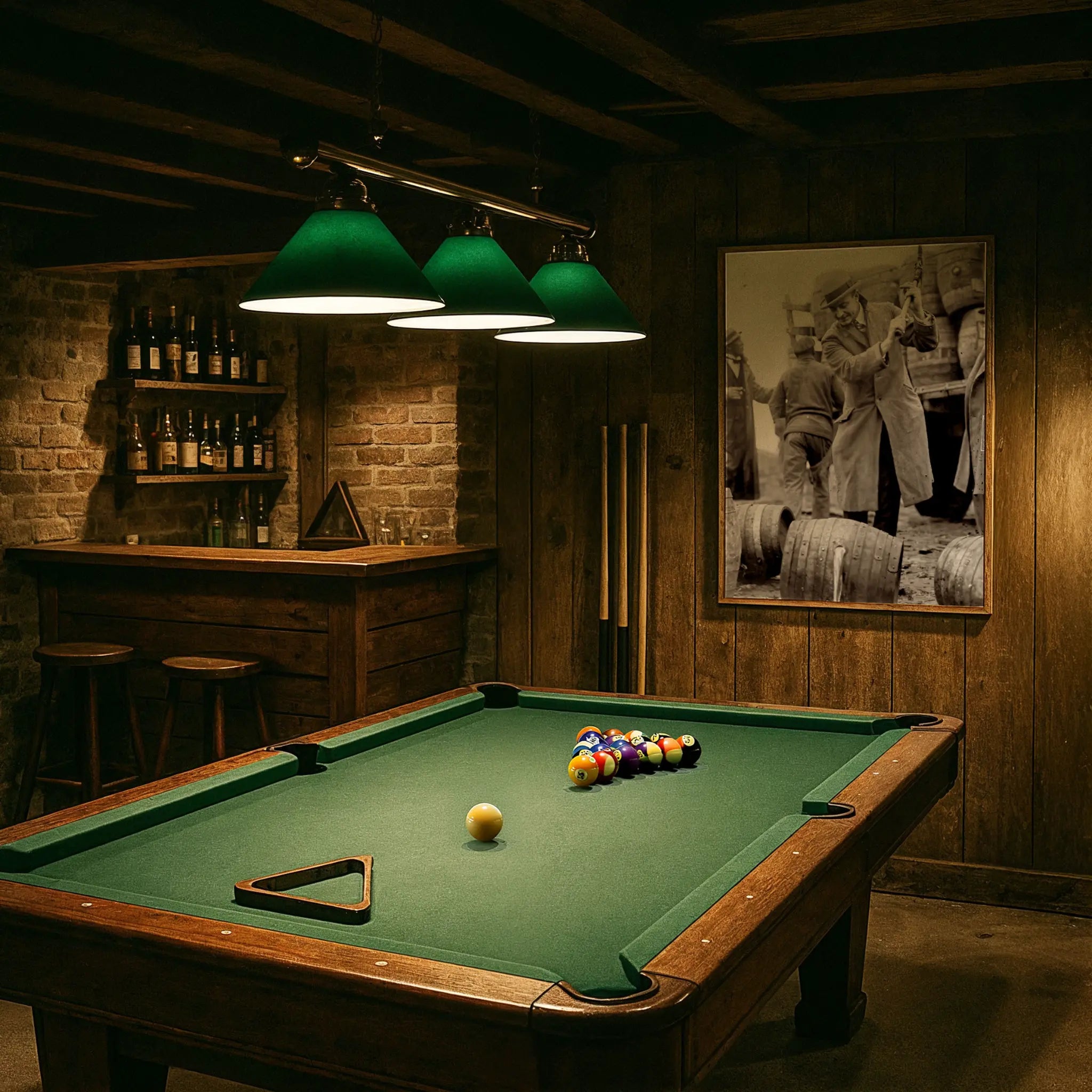 Prohibition enforcement print in vintage billiards room with green felt table and period lighting