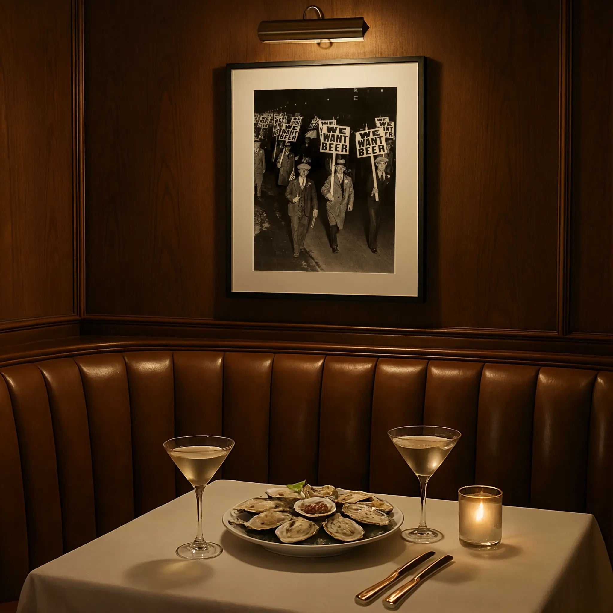 Prohibition protest print in elegant restaurant booth with martini glasses and fine dining atmosphere