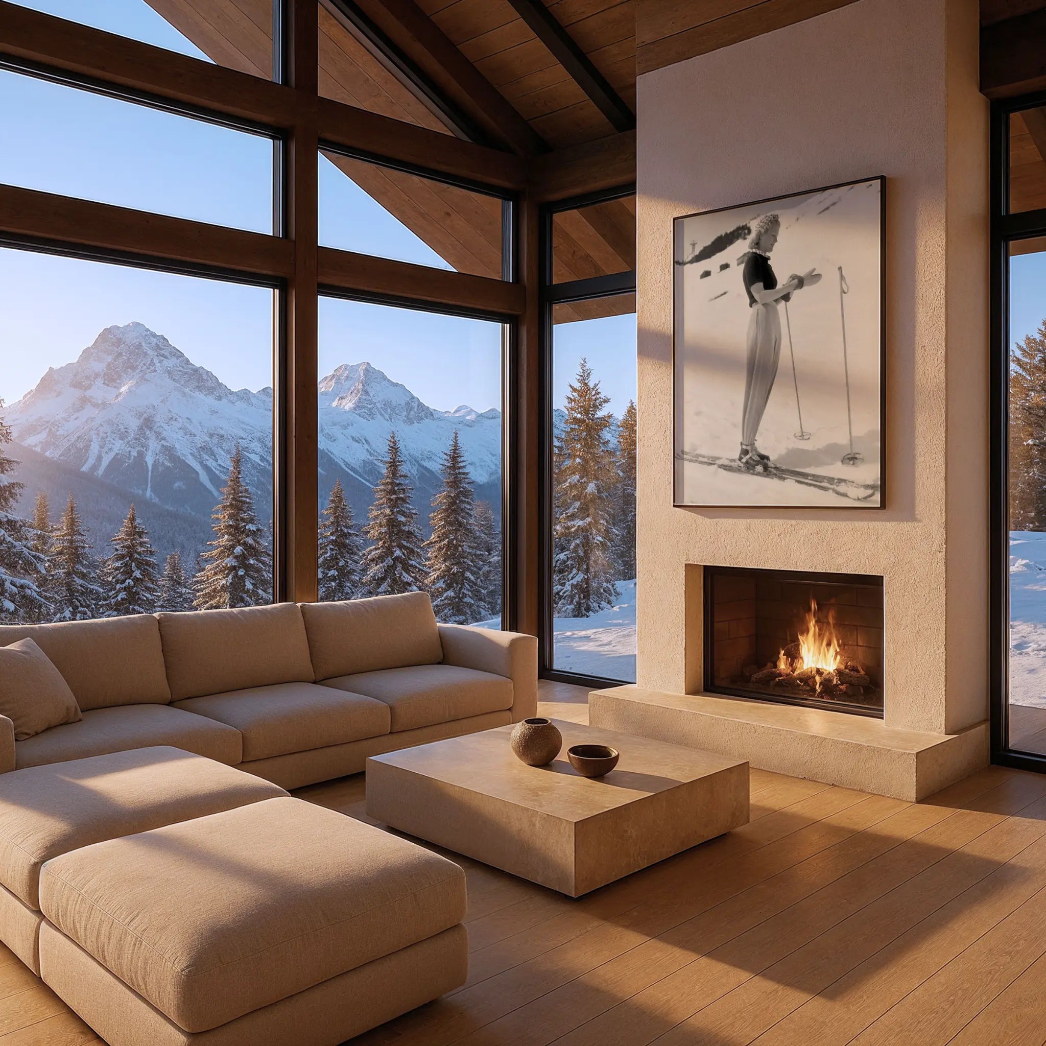 Vintage Elegant Woman Skier Photo in Modern Mountain Chalet