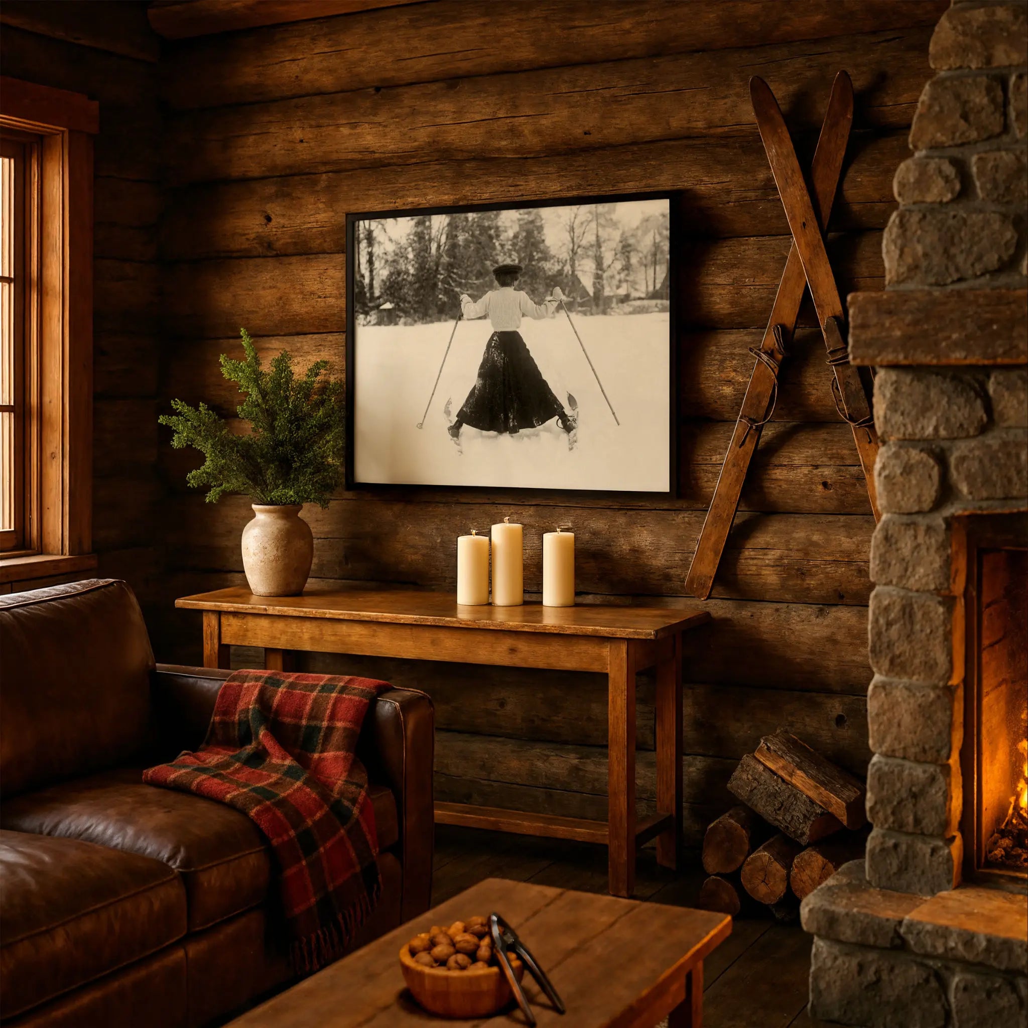Victorian Skiing Photo in Rustic Cabin