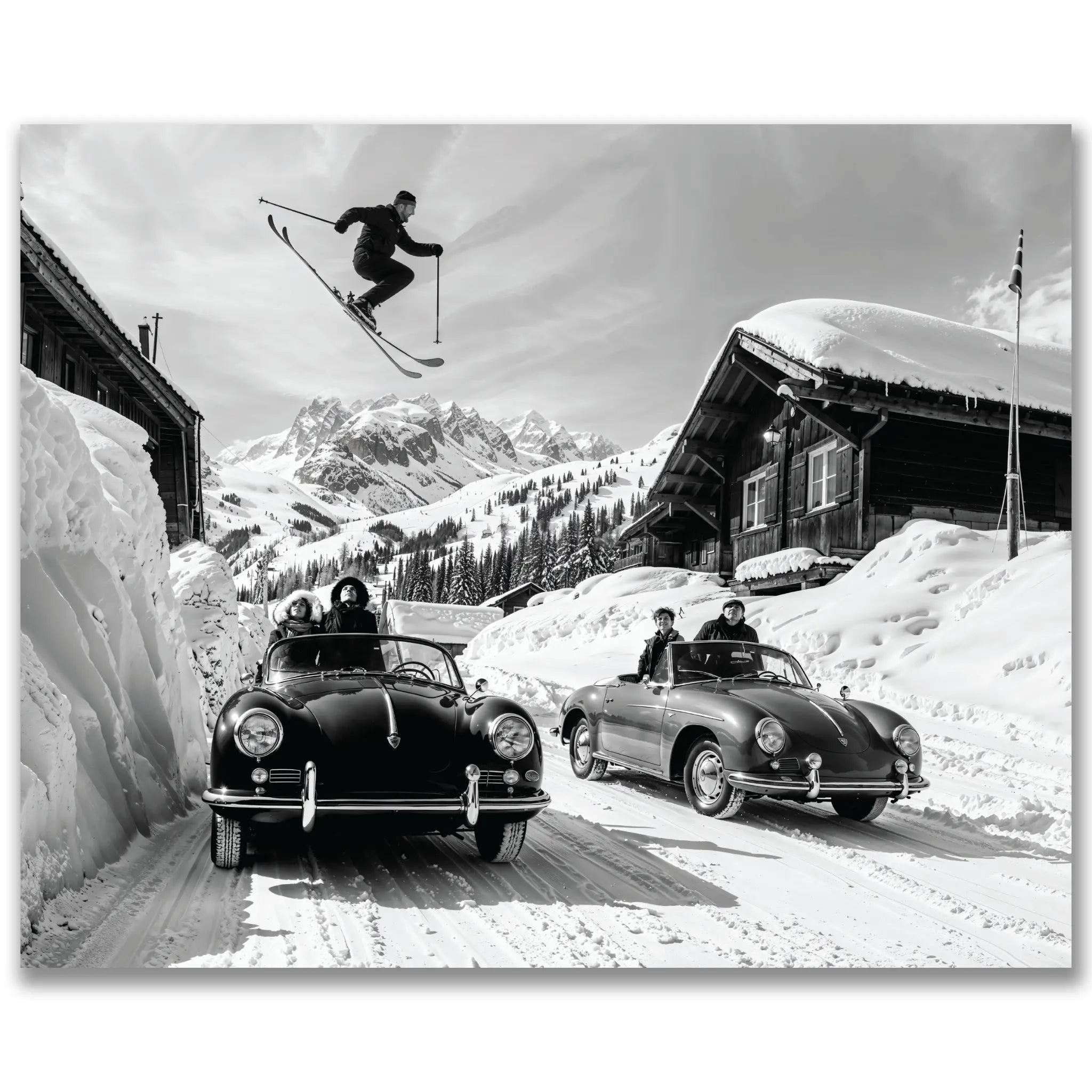 Vintage Ski Jump Over Porsche Photograph - Main Image