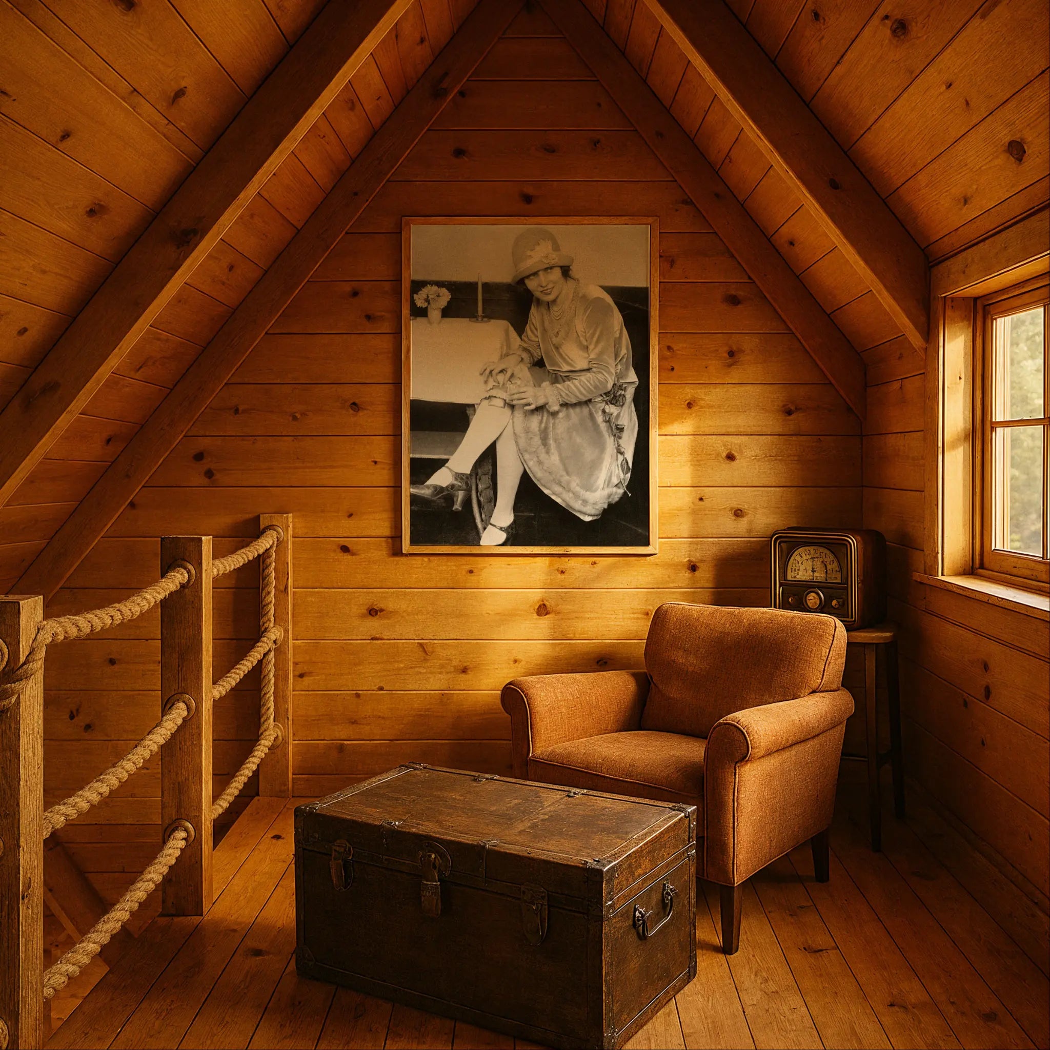 Sophisticated leisure culture print in rustic cabin setting with vintage radio and nautical atmosphere