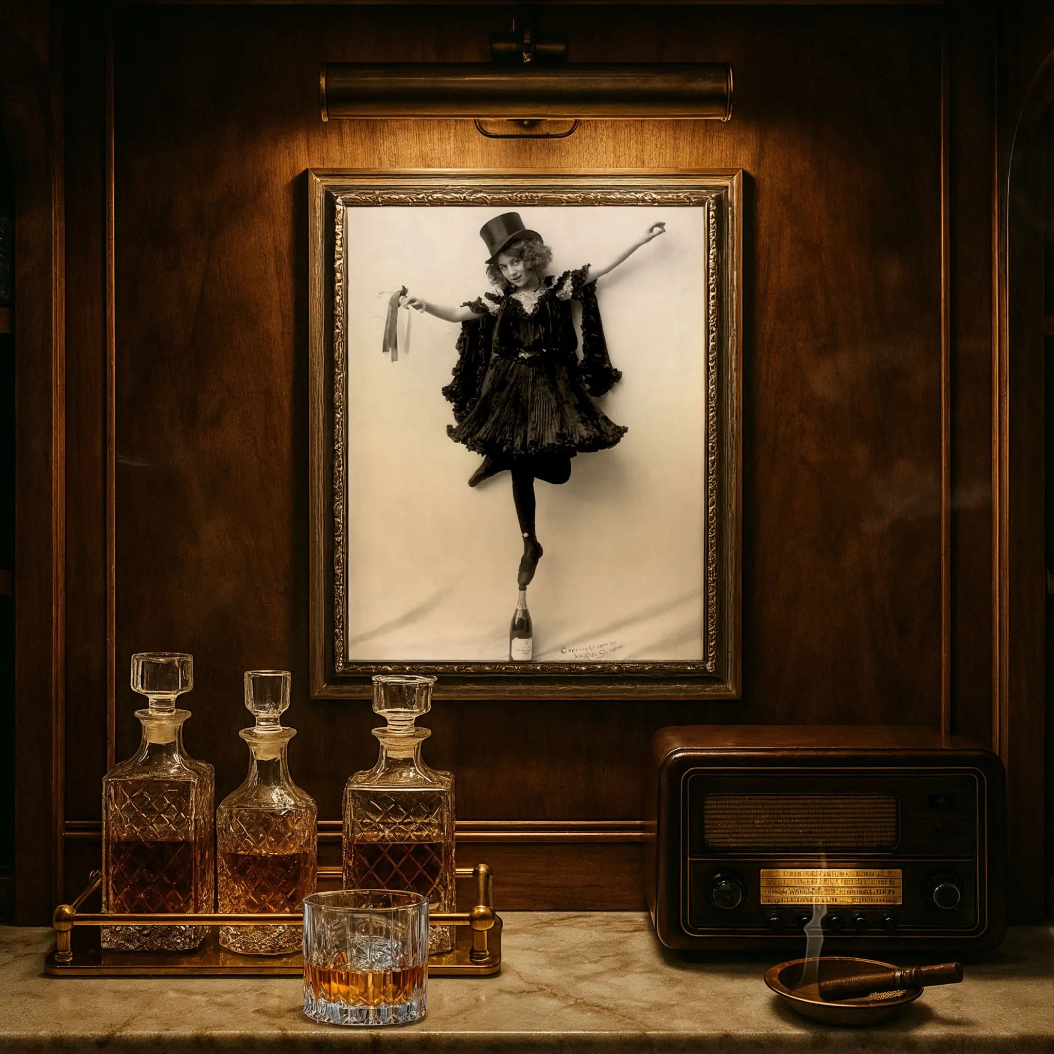Champagne balancing print in luxury study with crystal decanters and vintage radio atmosphere