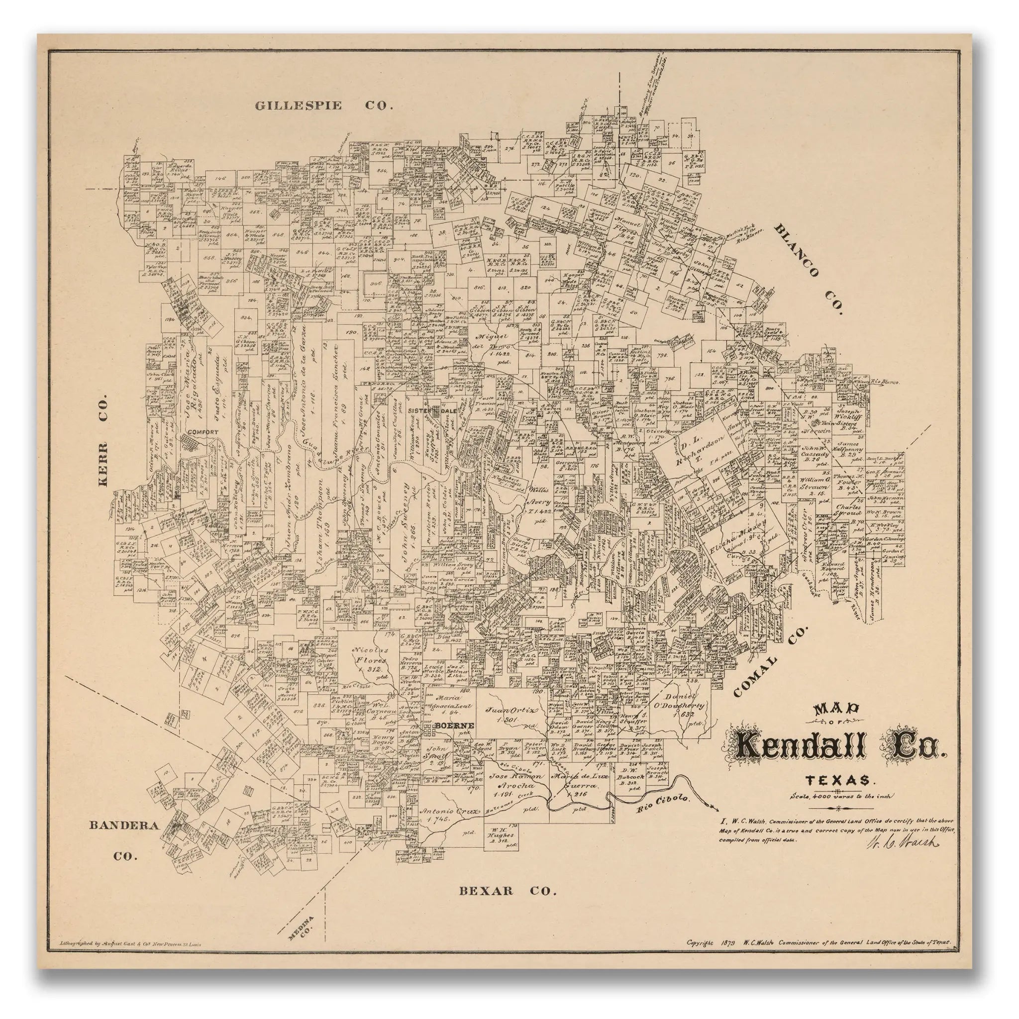 Kendall County Map - Vintage 1879 Texas General Land Office Map