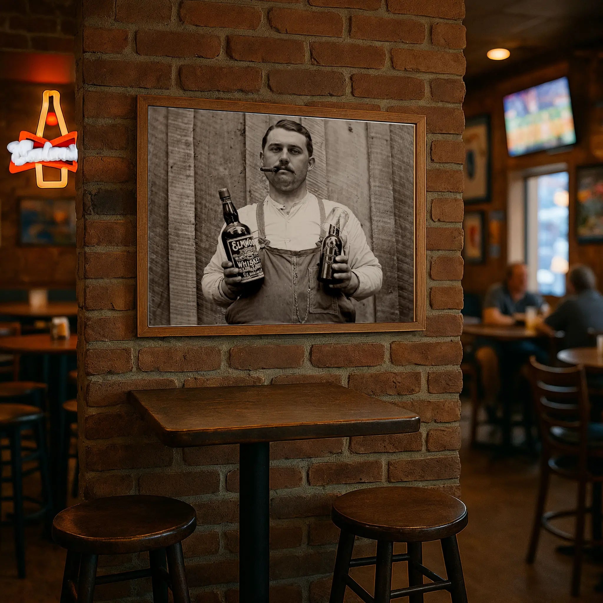 Historical bootlegger photograph in modern pub setting with brick walls and bar atmosphere