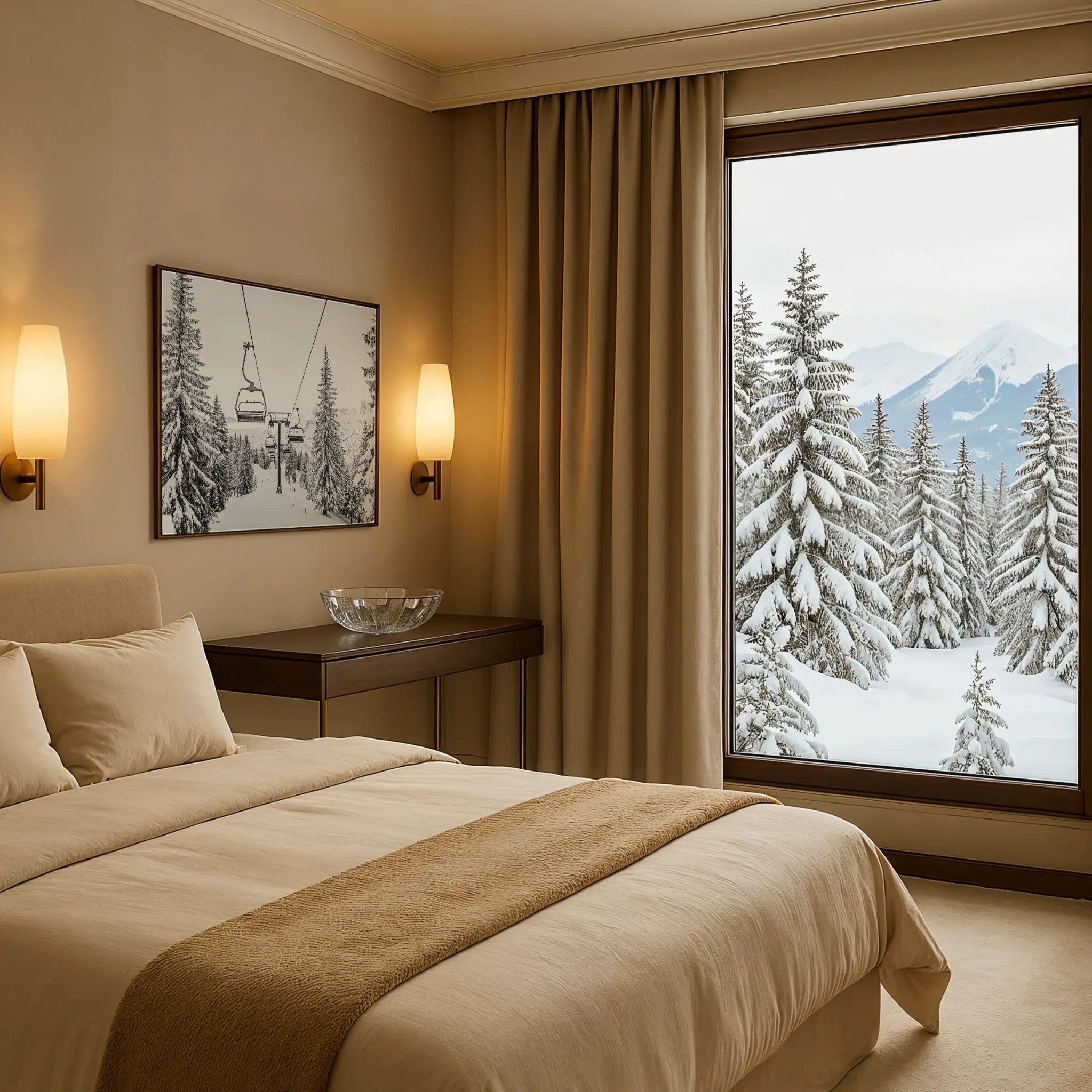 Vintage Ski Lift Photo in Winter Bedroom
