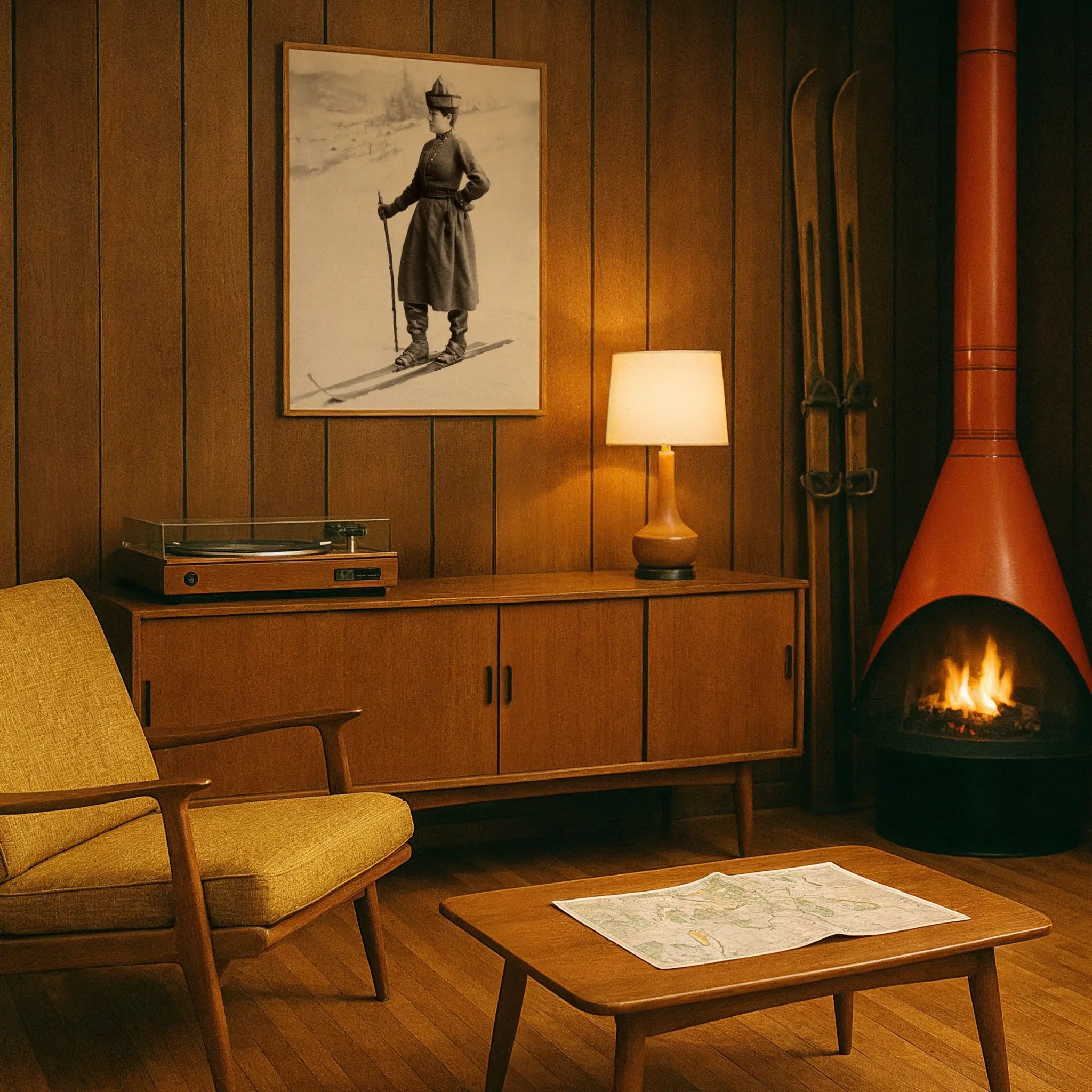 Vintage Military Skier Photo in Retro Ski Den Mid-Century